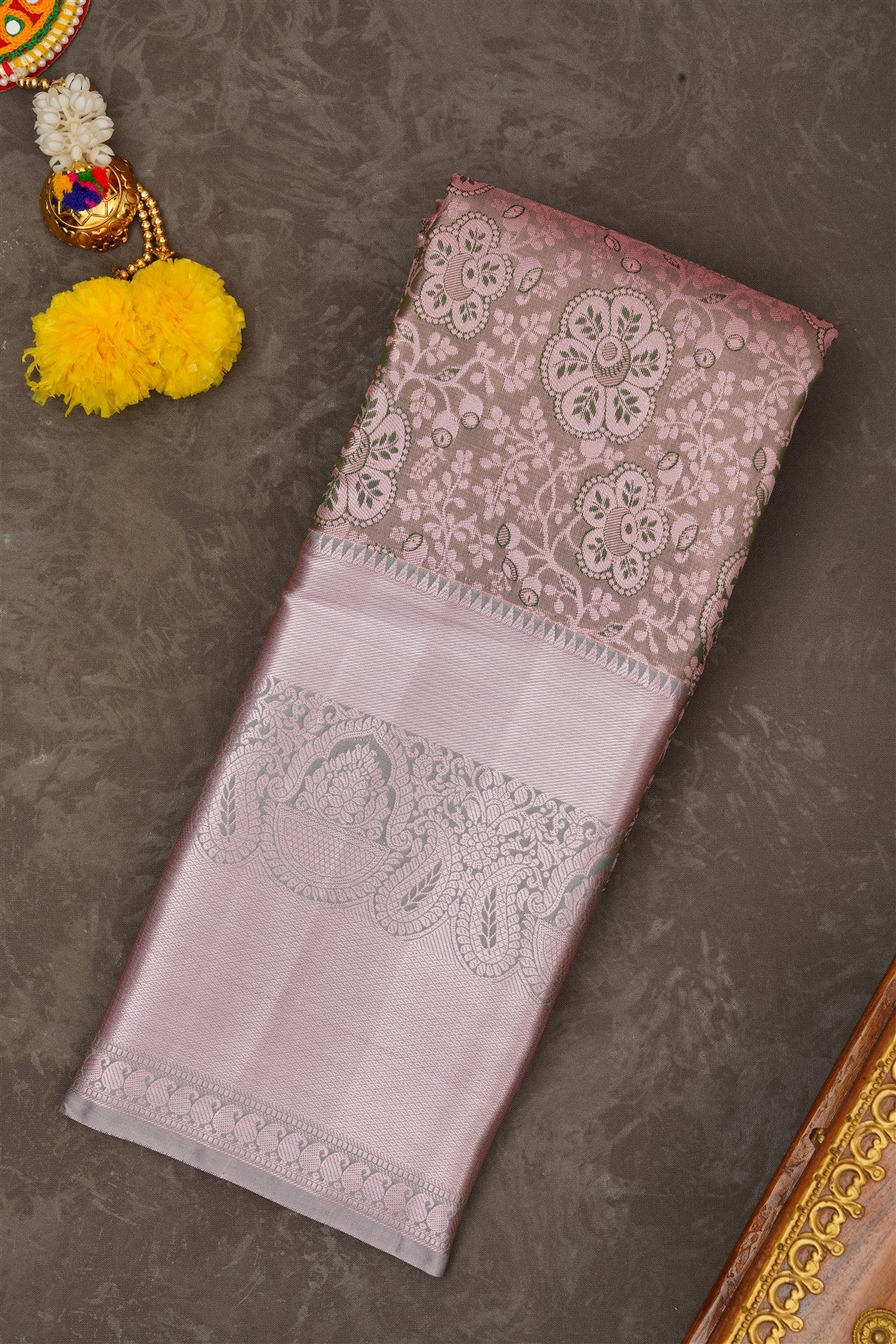 Semi Pattu Silk Blend Olive Green Saree