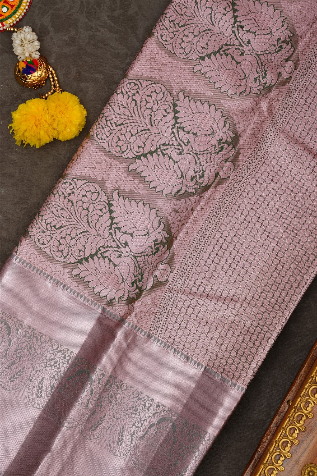Semi Pattu Silk Blend Olive Green Saree