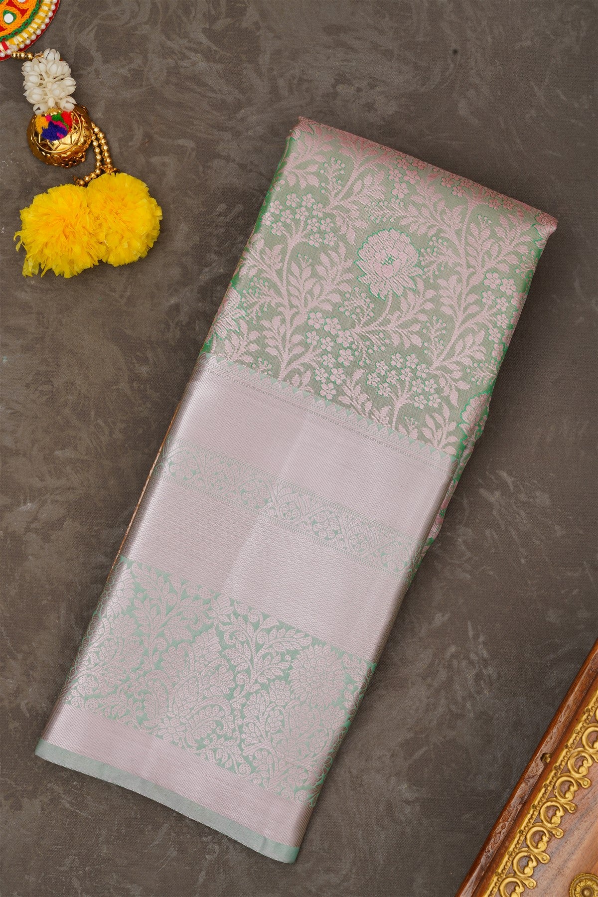 Semi Pattu Silk Blend Parrot Green Saree