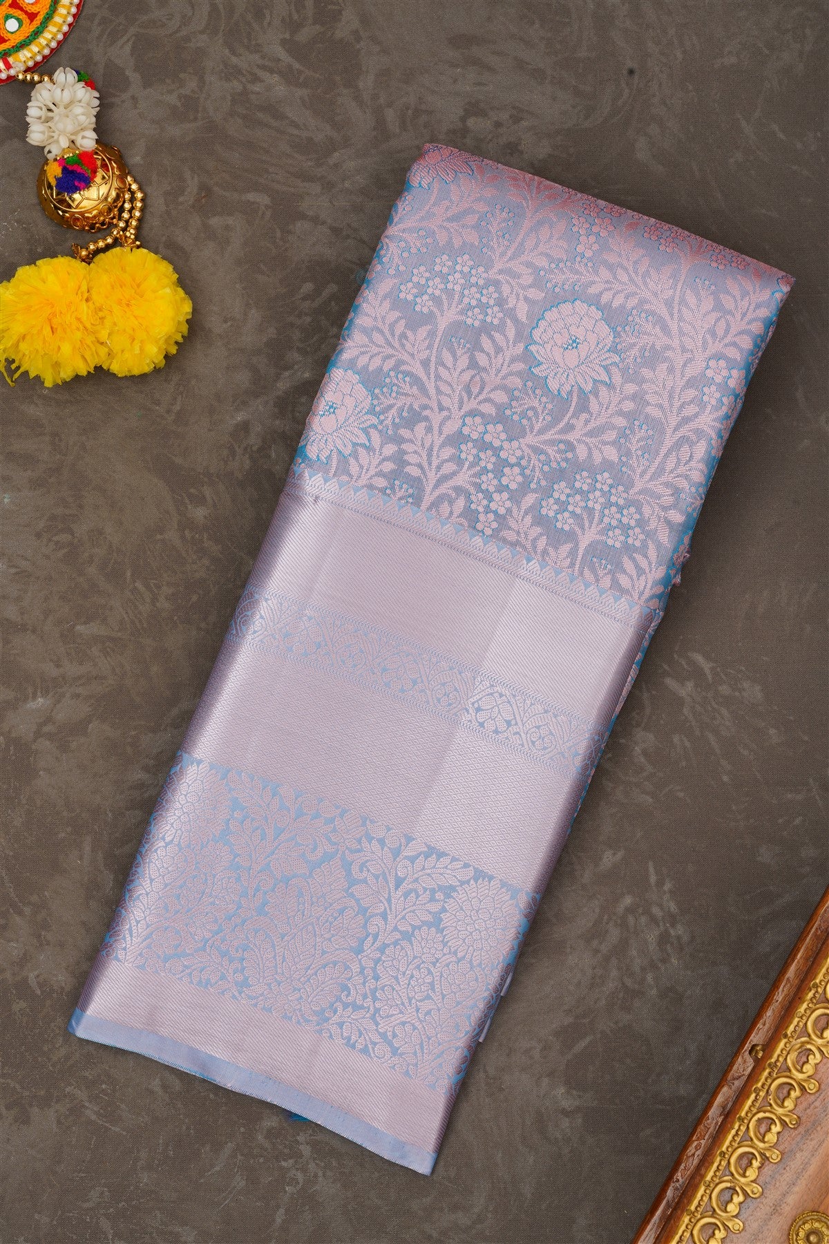 Semi Pattu Silk Blend Sea Blue Saree