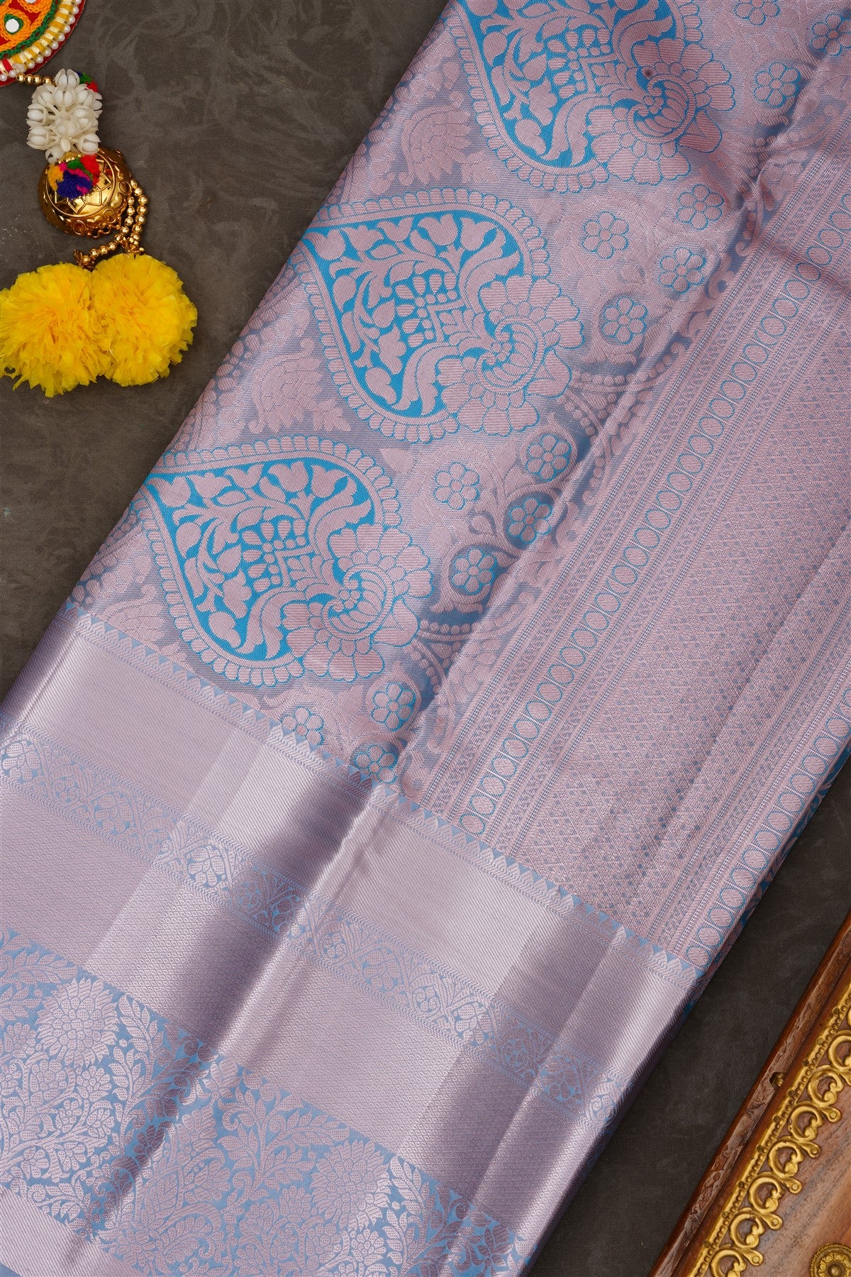 Semi Pattu Silk Blend Sea Blue Saree