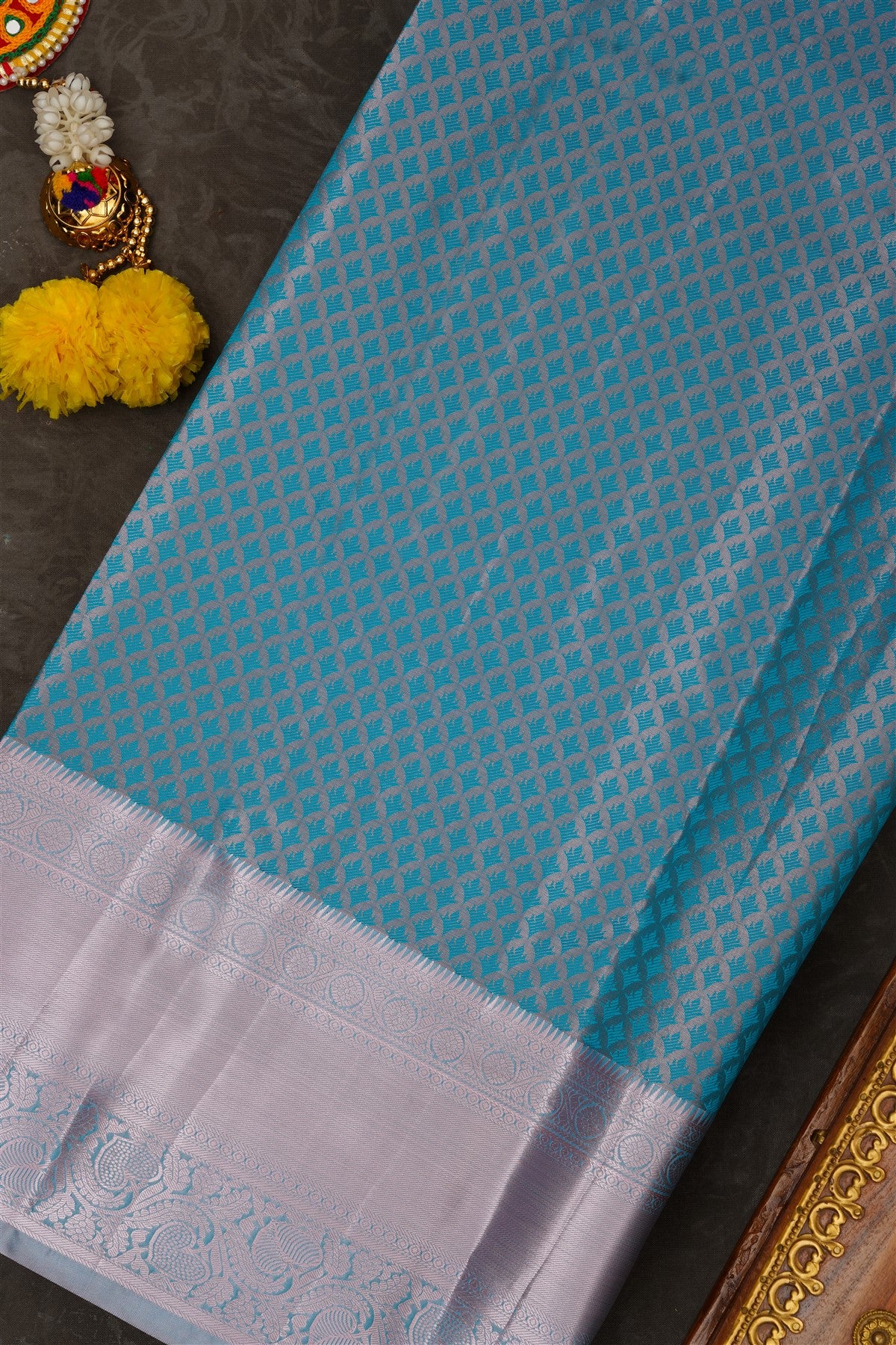 Semi Pattu Silk Blend Sea Blue Saree