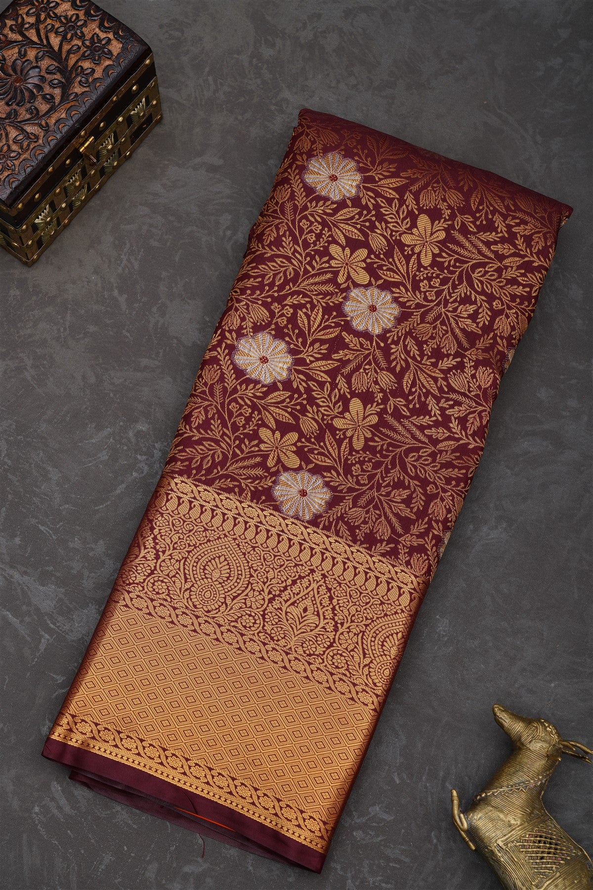 Semi Pattu Silk Blend Brown Saree