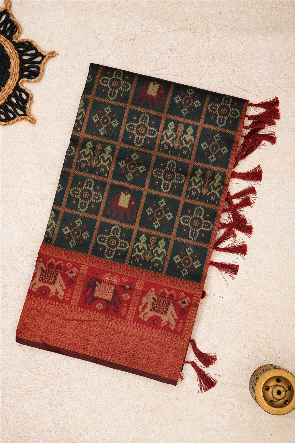 Ikat Silk Dark Green Saree