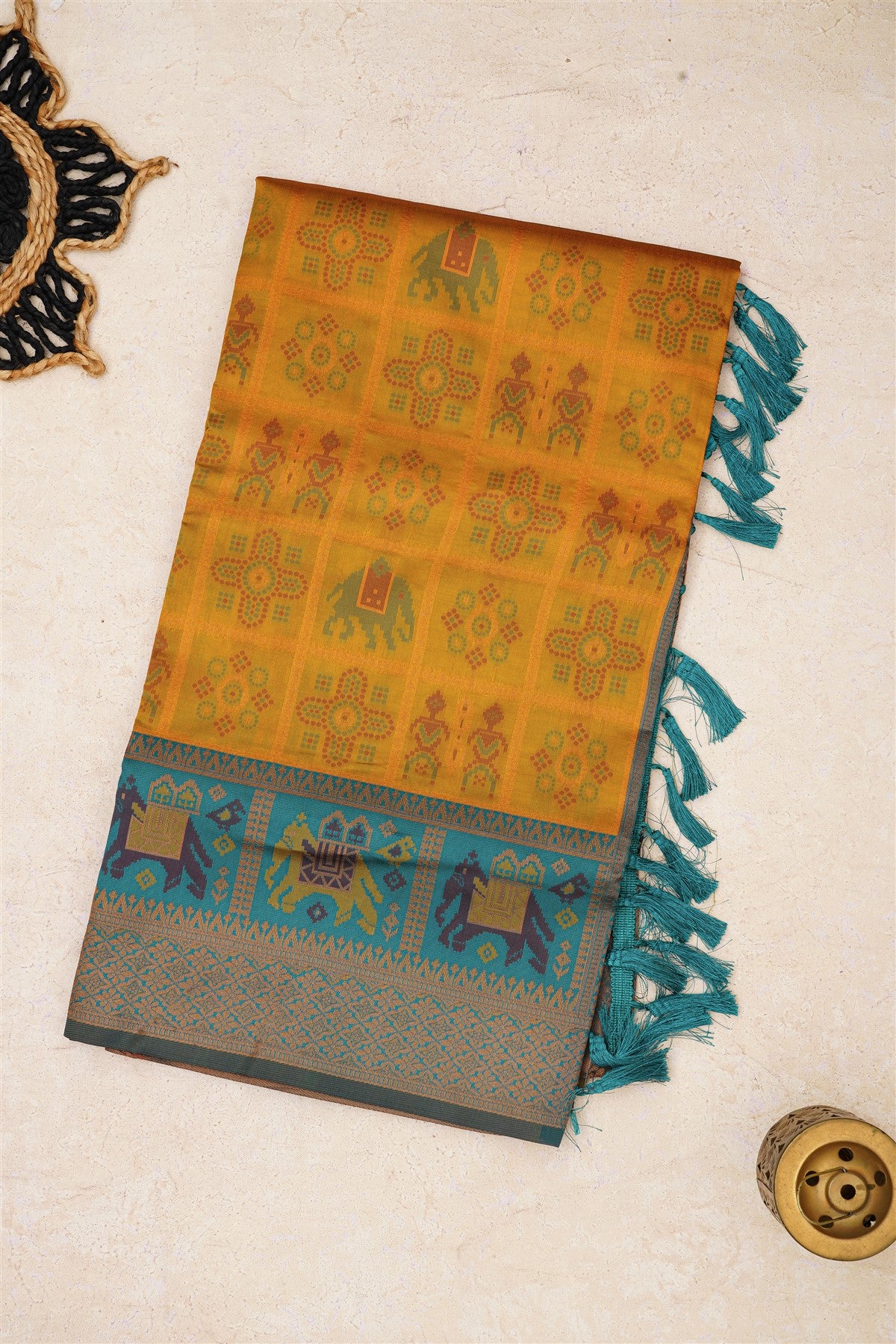 Ikat Silk Musted With Green Saree