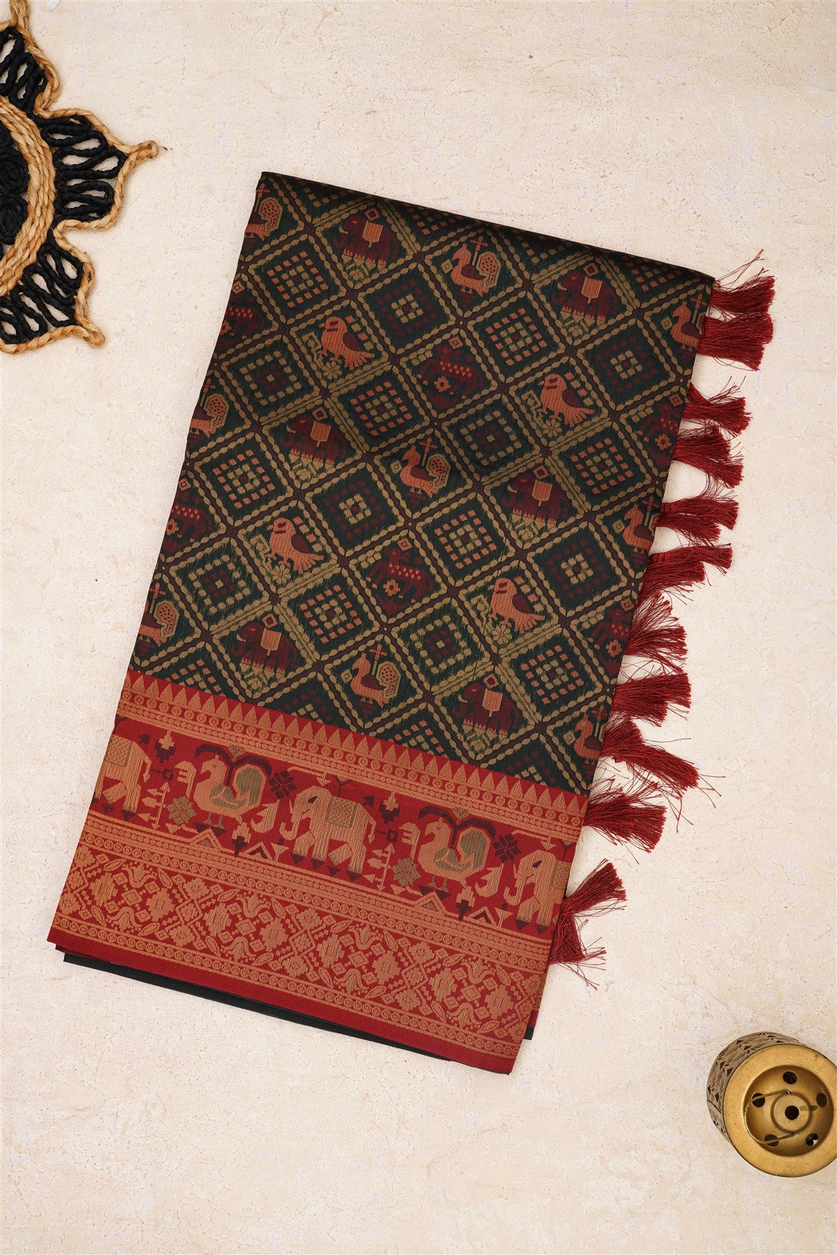 Ikat Silk Dark Green Saree
