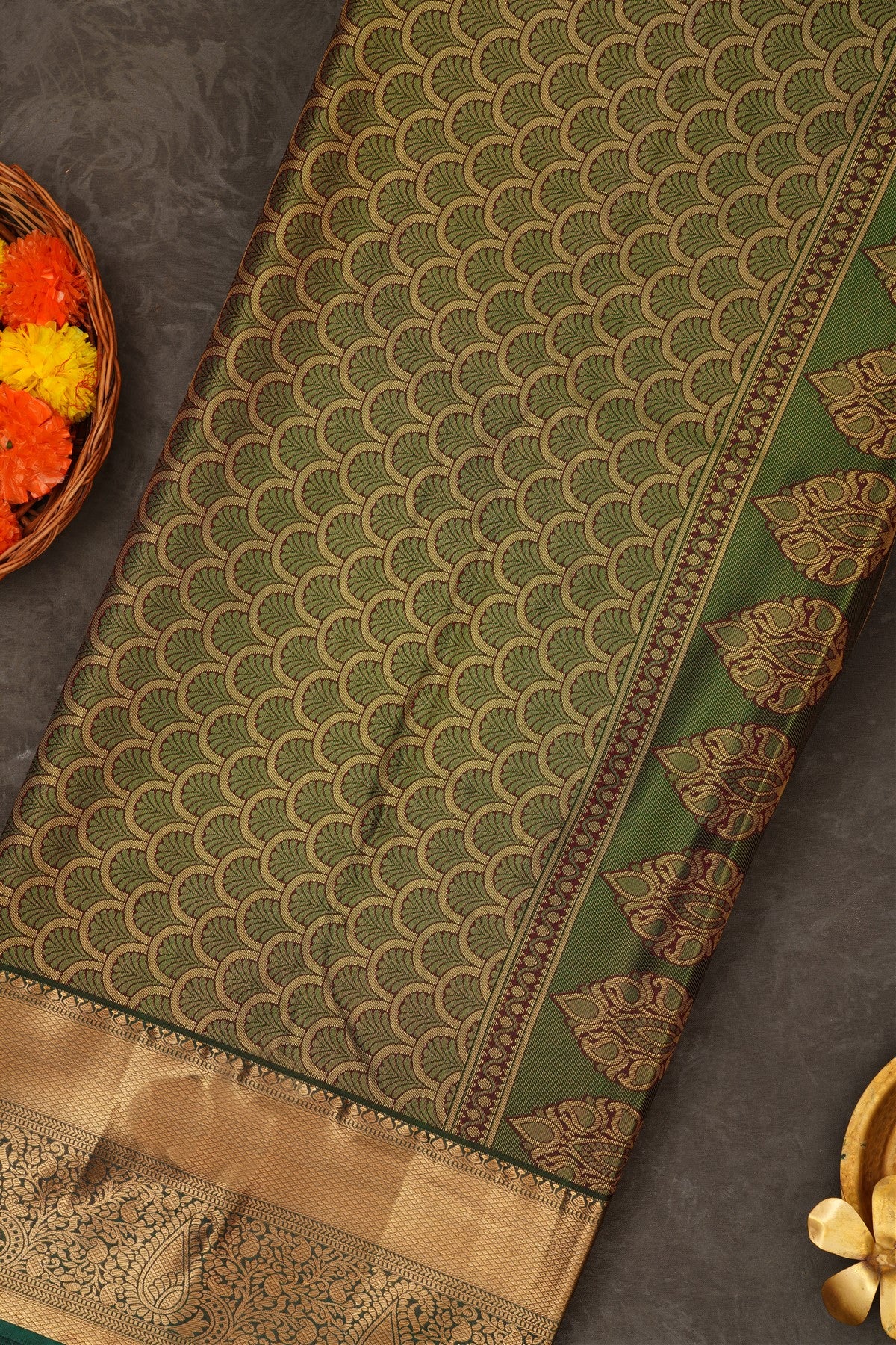 Semi Pattu Silk Blend Light Olive Green Saree