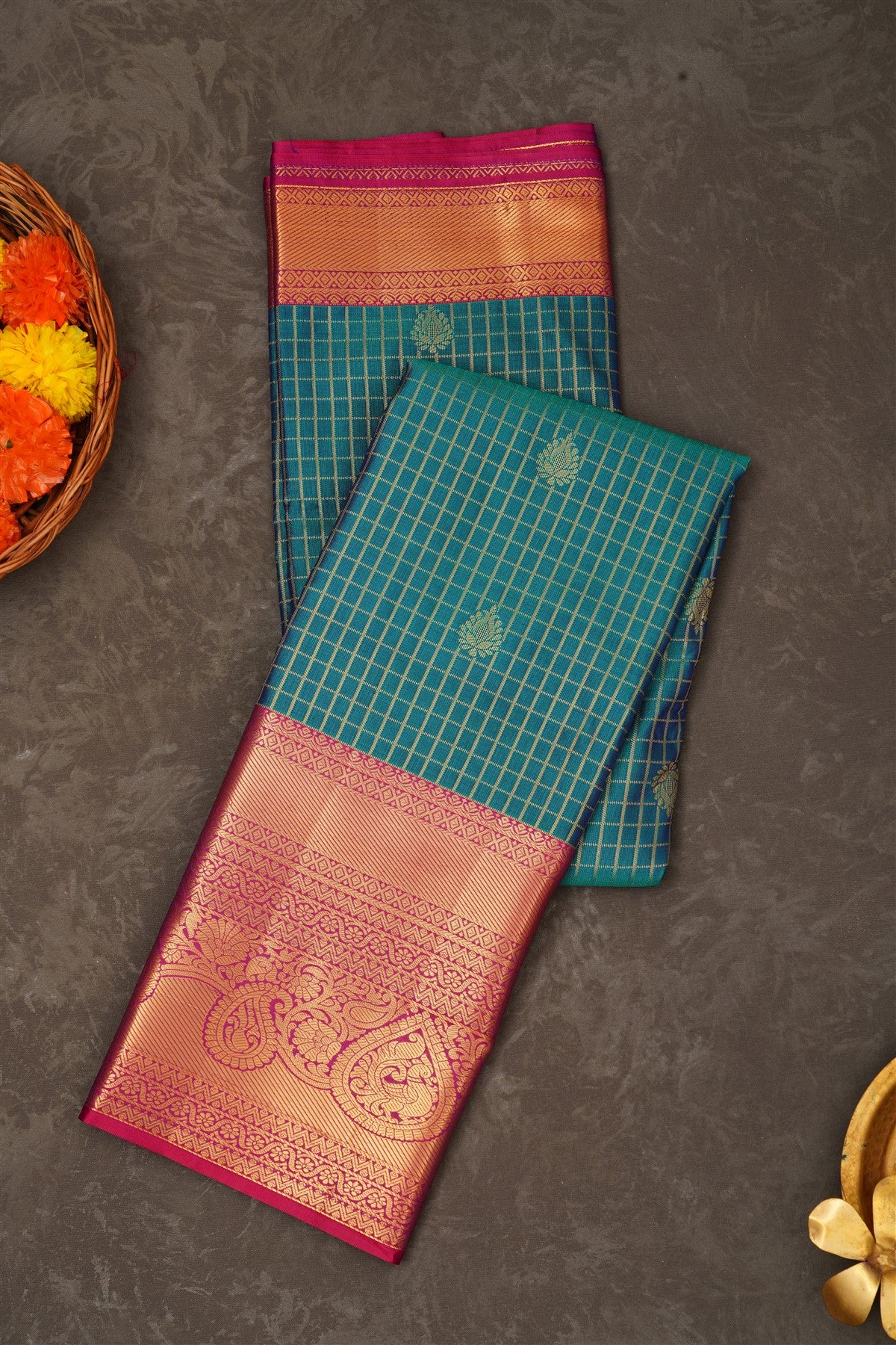 Semi Pattu Silk Blend Teal Saree