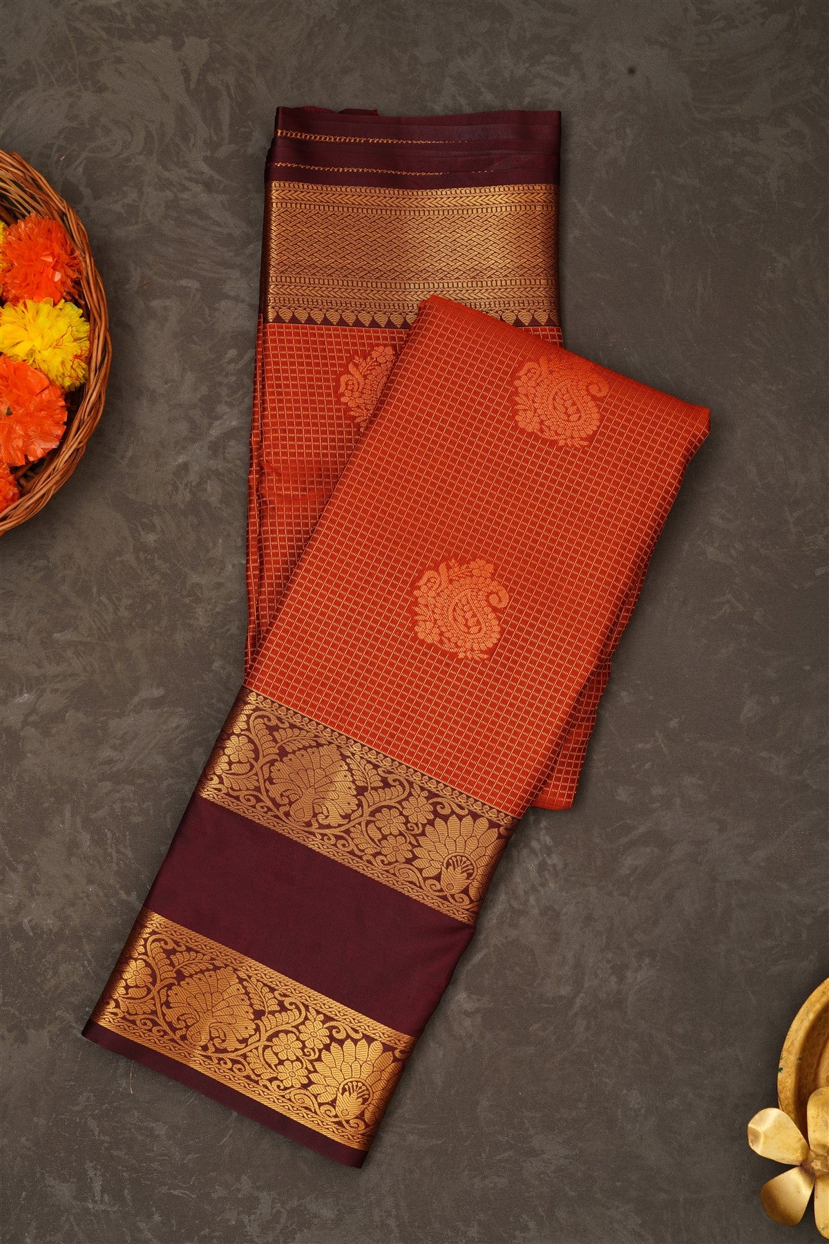 Semi Pattu Silk Blend Rust Saree