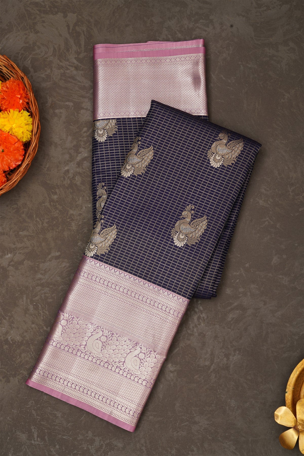 Semi Pattu Silk Blend Navy Blue Saree