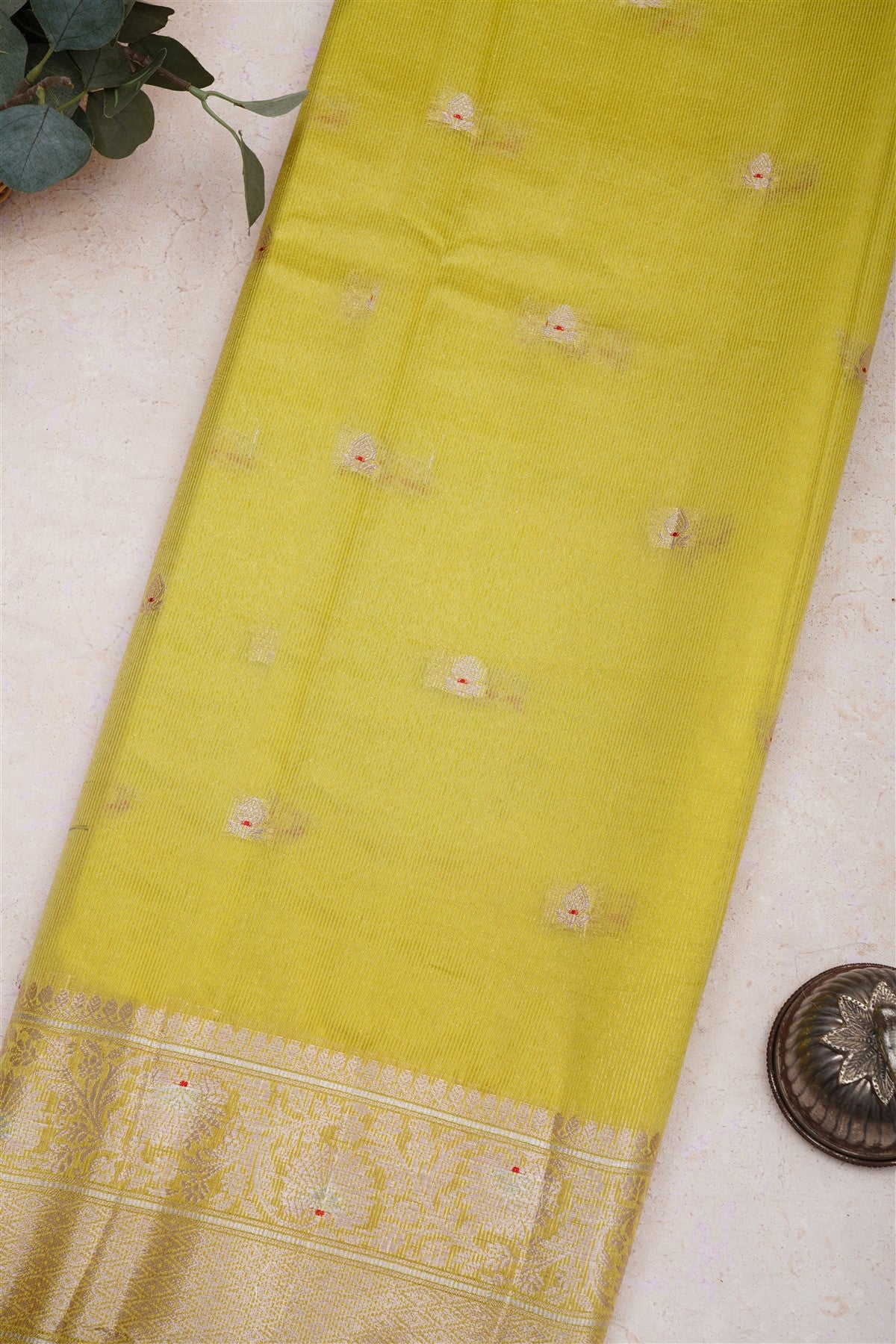 Banarasi Semi Chiniya Lime Green Saree