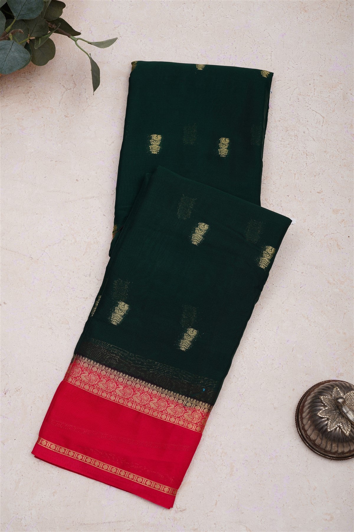 Mysore Crepe Silk Dark Green Saree