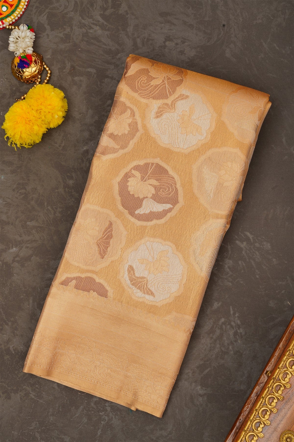 Semi Kanchipuram Tissue Silk Cream Gold Saree