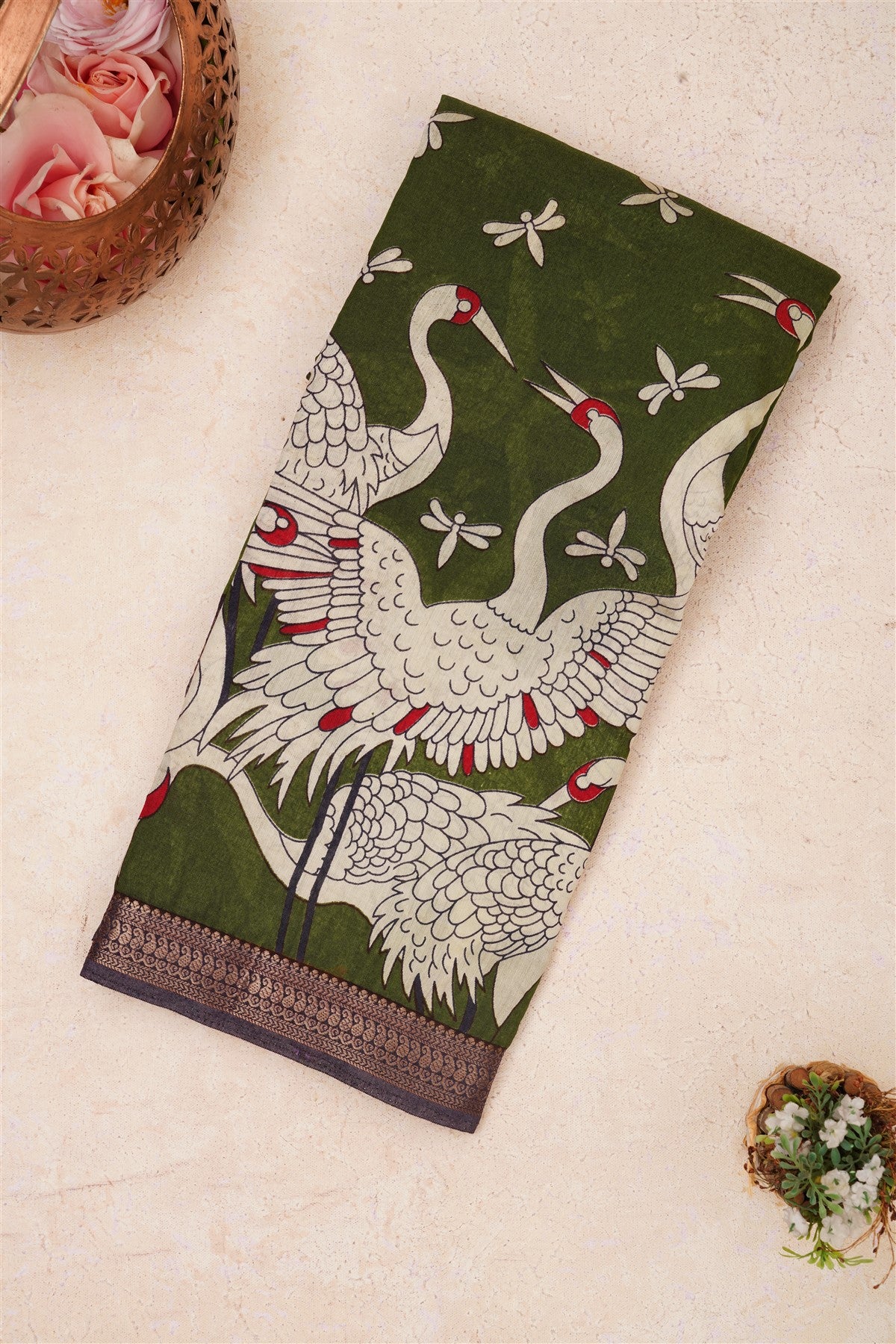 Fancy Maheshwari Silk Mehendi Green Saree