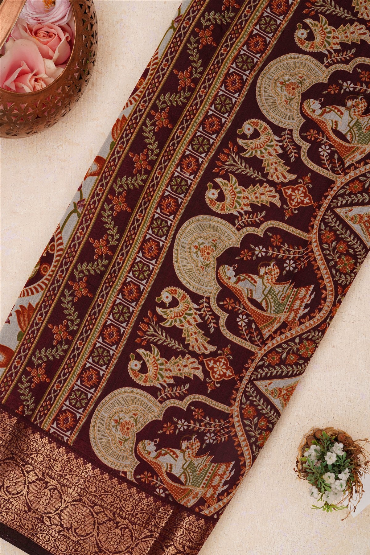 Fancy Maheshwari Silk Brown Saree
