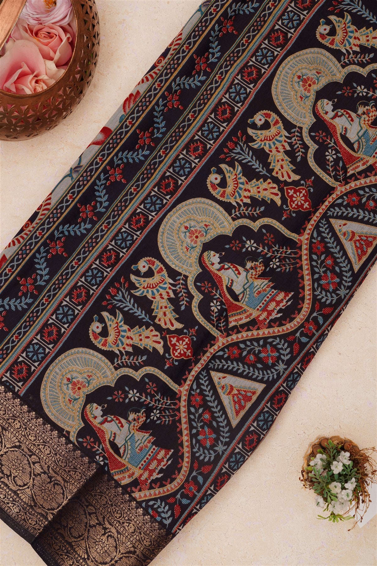 Fancy Maheshwari Silk Dark Navy Blue Saree