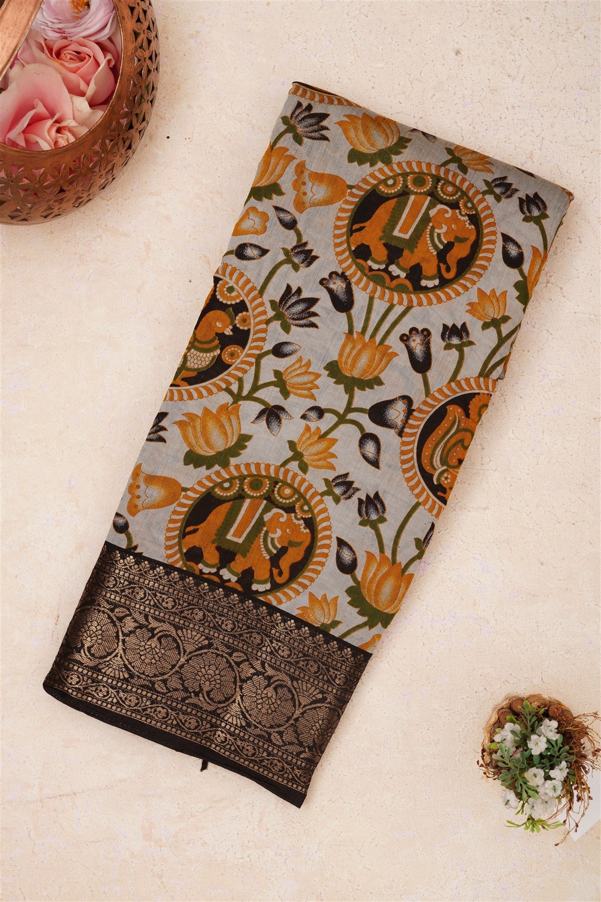 Fancy Maheshwari Silk Khaki Saree