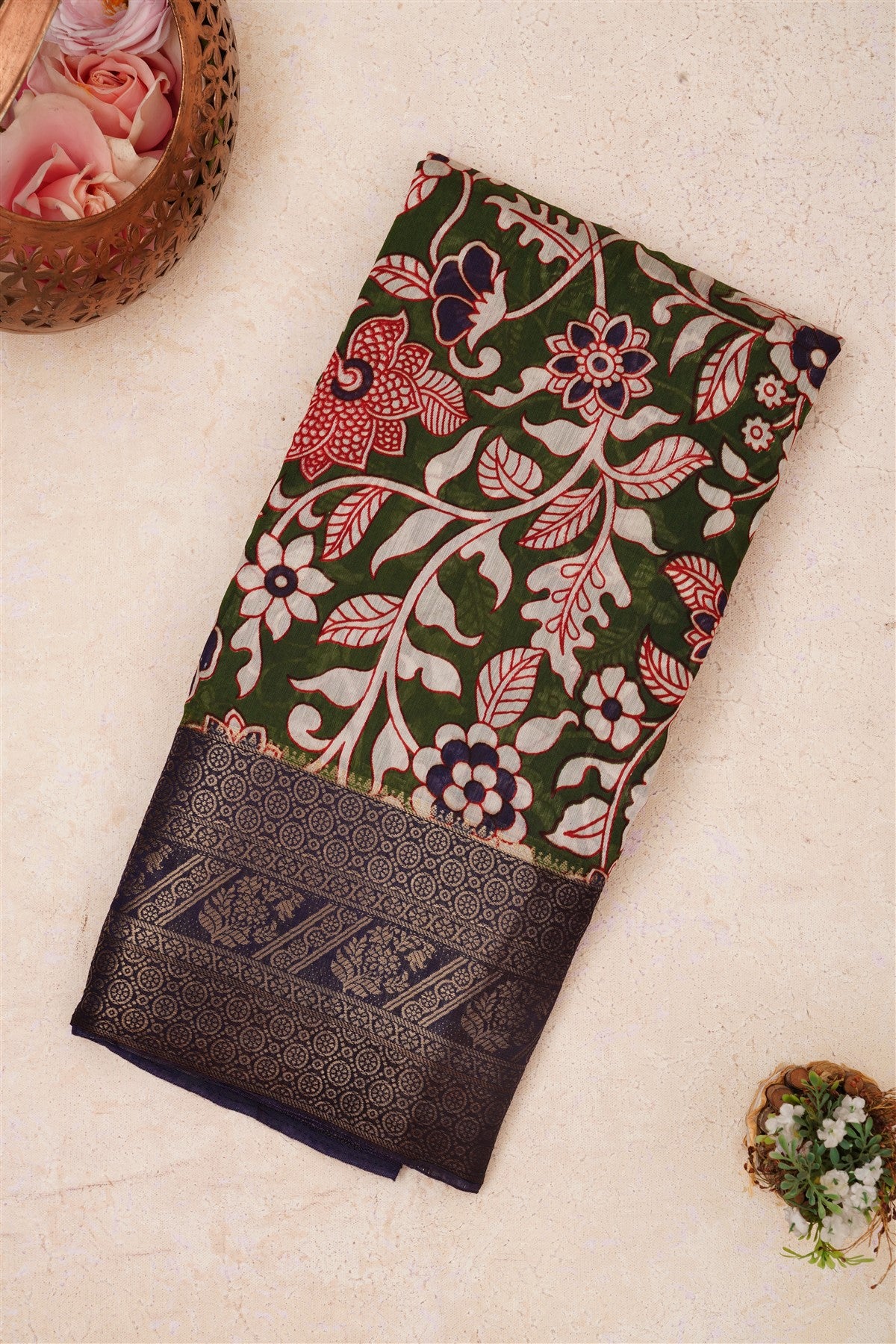 Fancy Maheshwari Silk Mehendi Green Saree