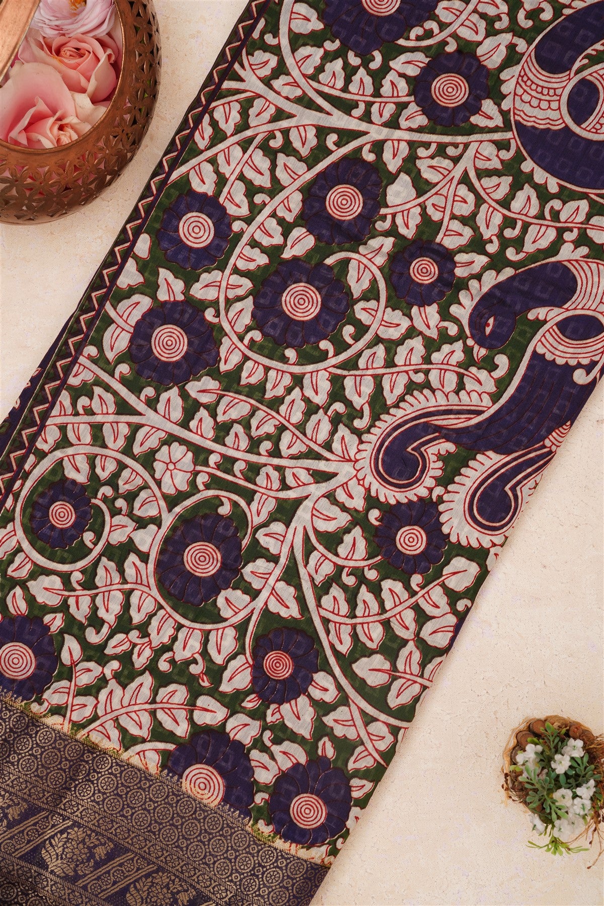 Fancy Maheshwari Silk Mehendi Green Saree