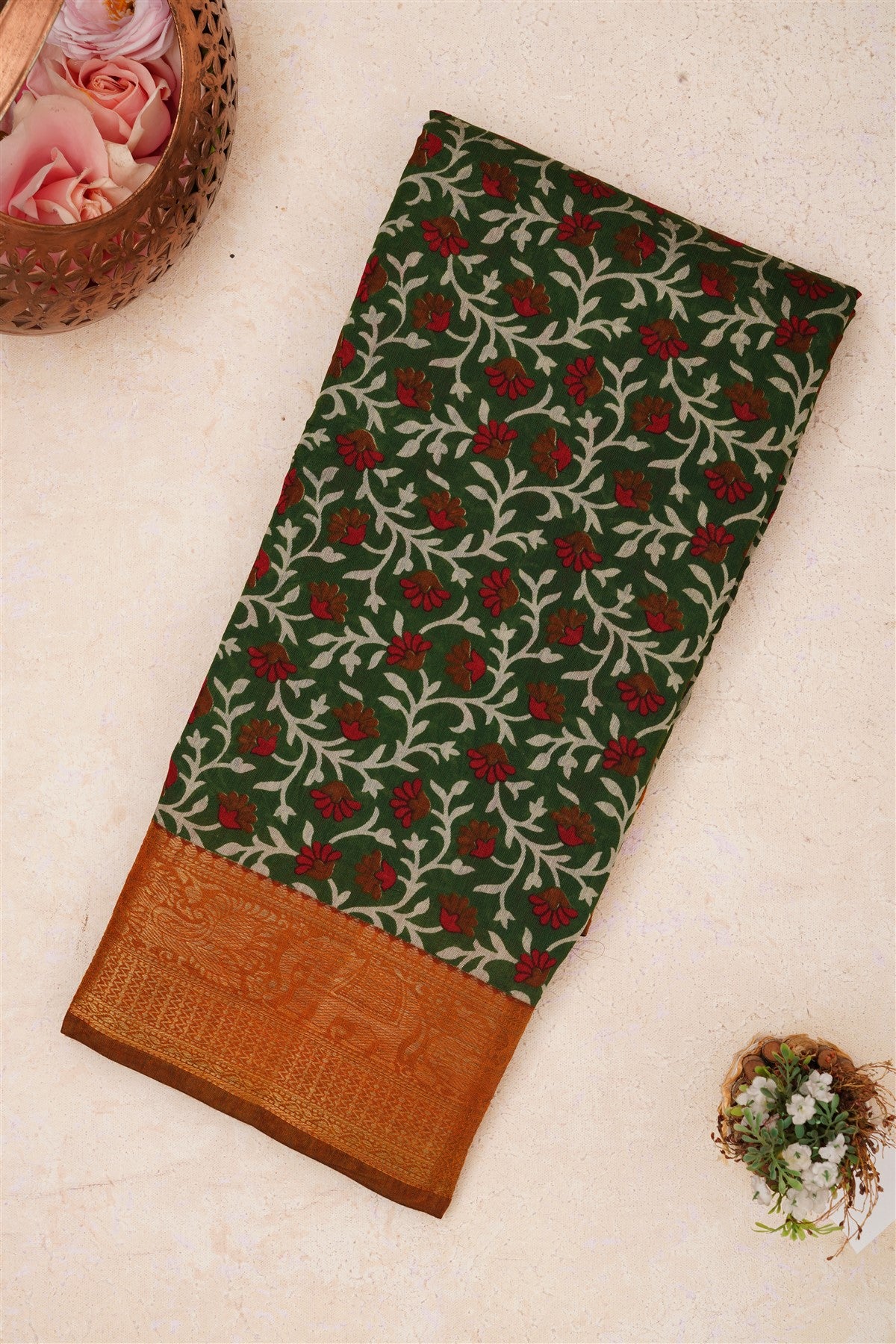 Fancy Maheshwari Silk Dark Green Saree