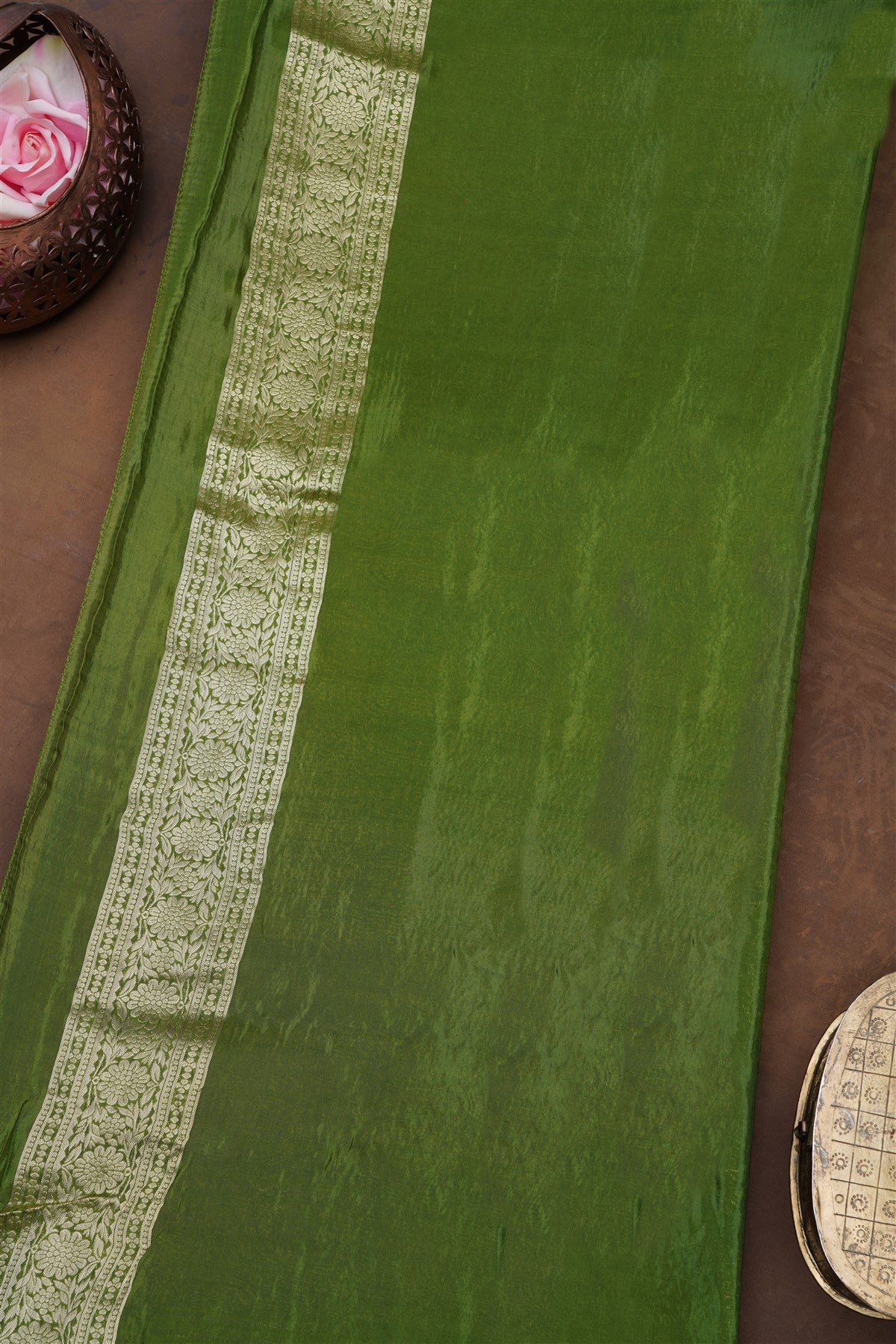 Banarasi Mashru Mehandi Green Saree