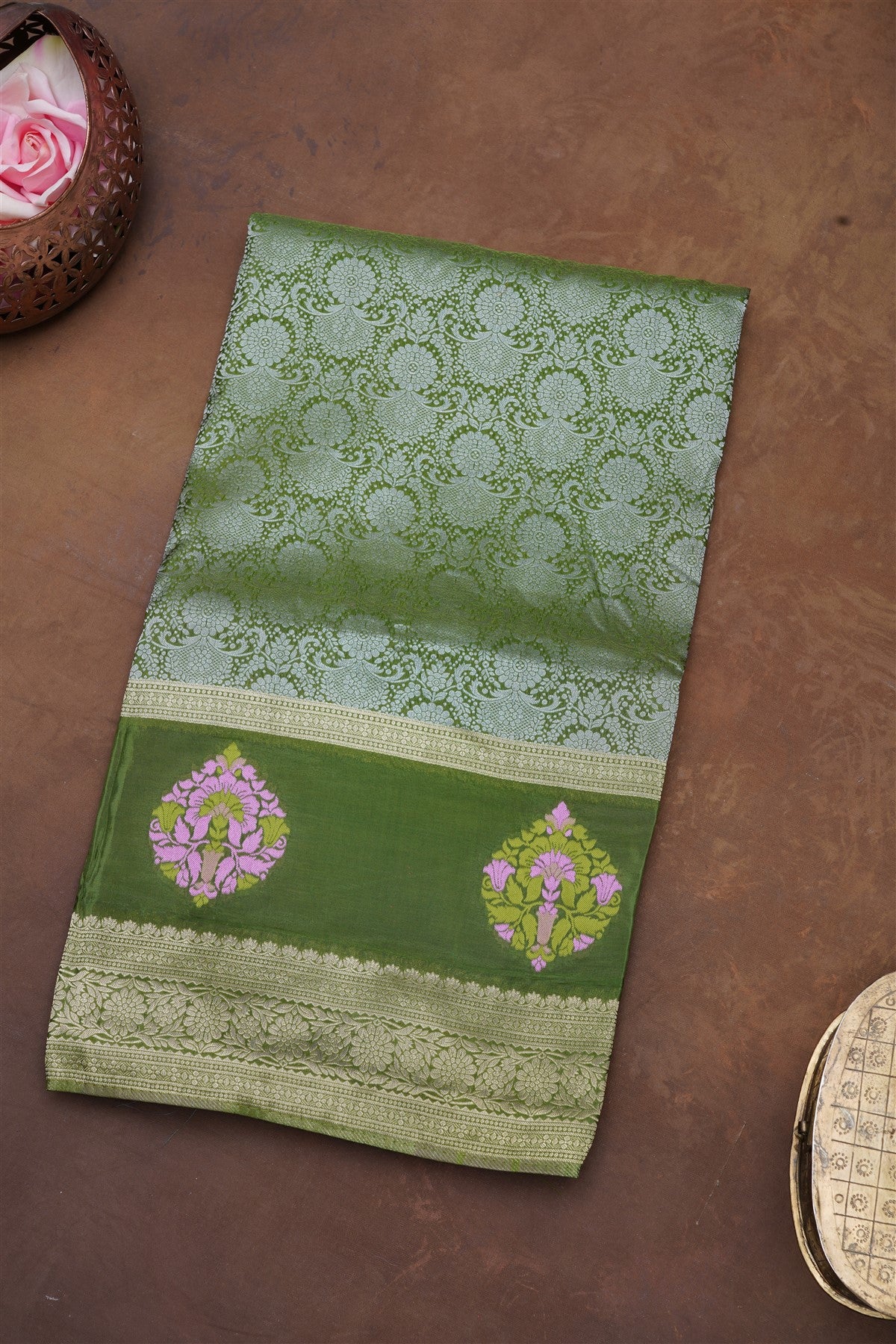Banarasi Mashru Mehandi Green Saree