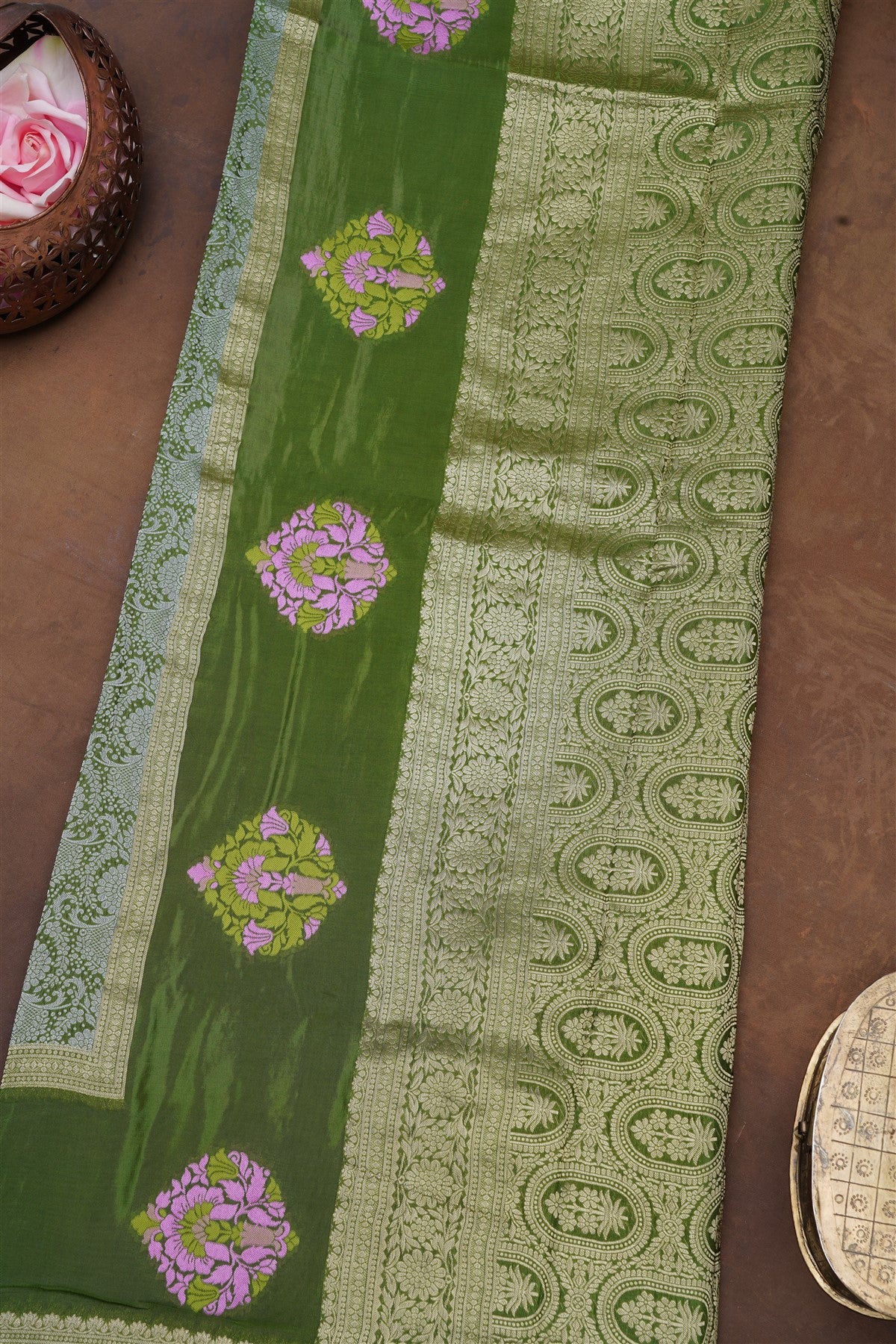 Banarasi Mashru Mehandi Green Saree