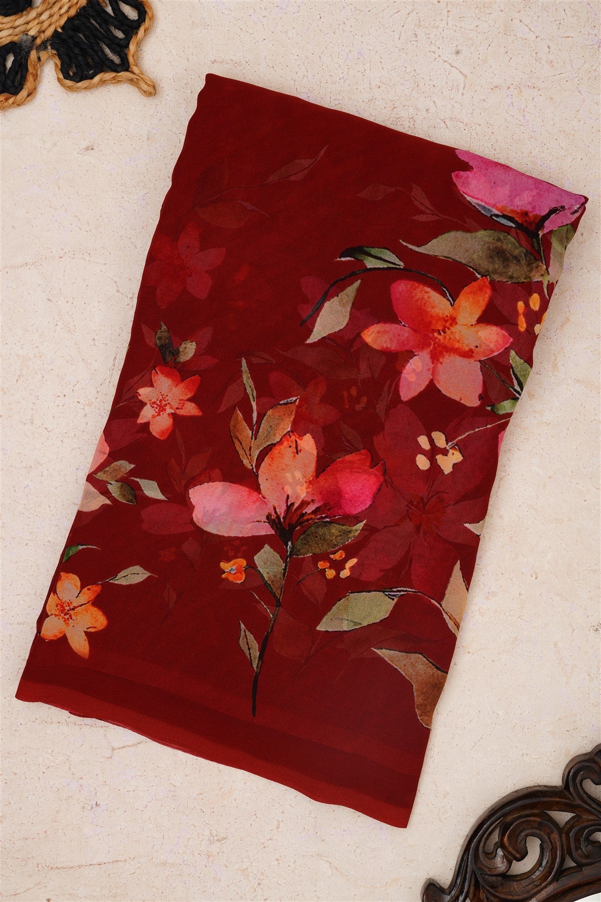 Fancy Georgette Dark Maroon Saree