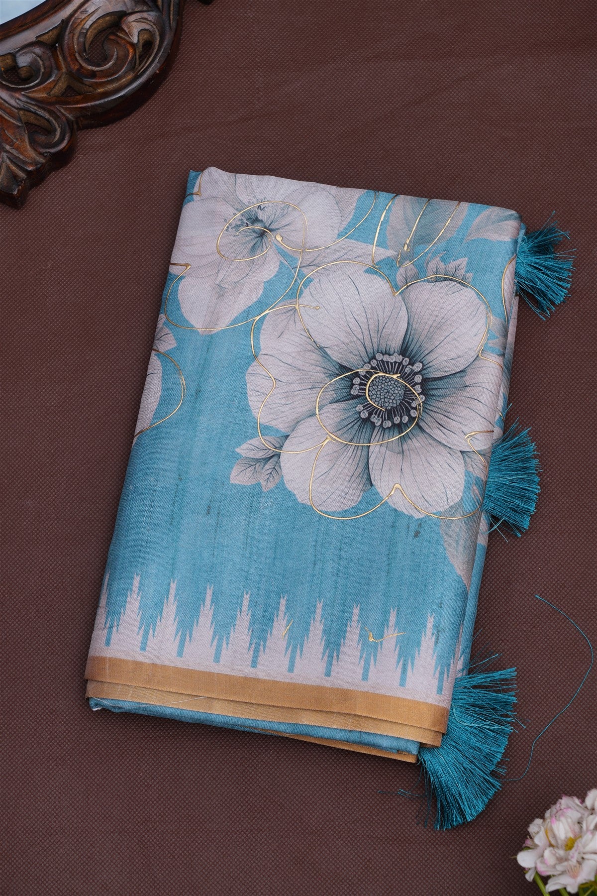 Fancy Silk Blend Teal Blue Saree