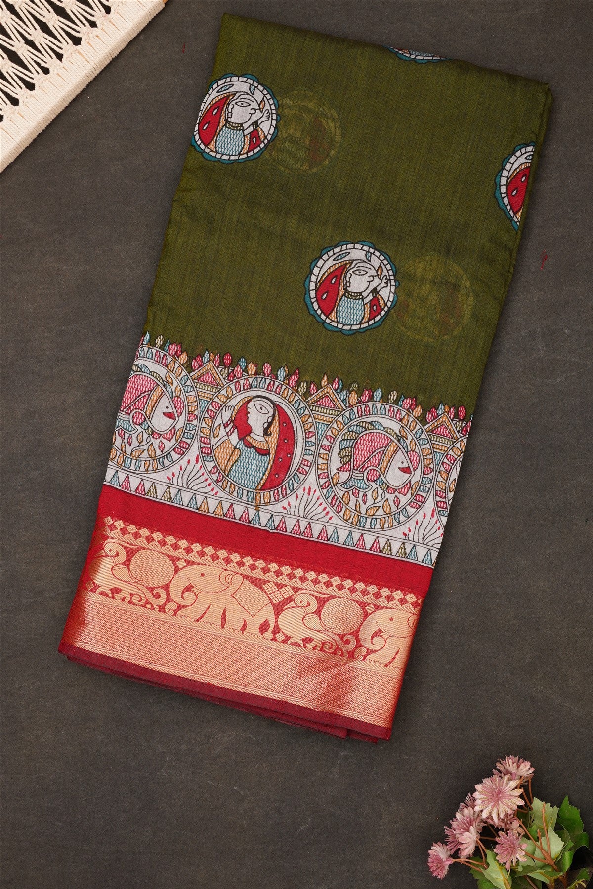 Fancy Maheshwari Silk Mehandi Green Saree