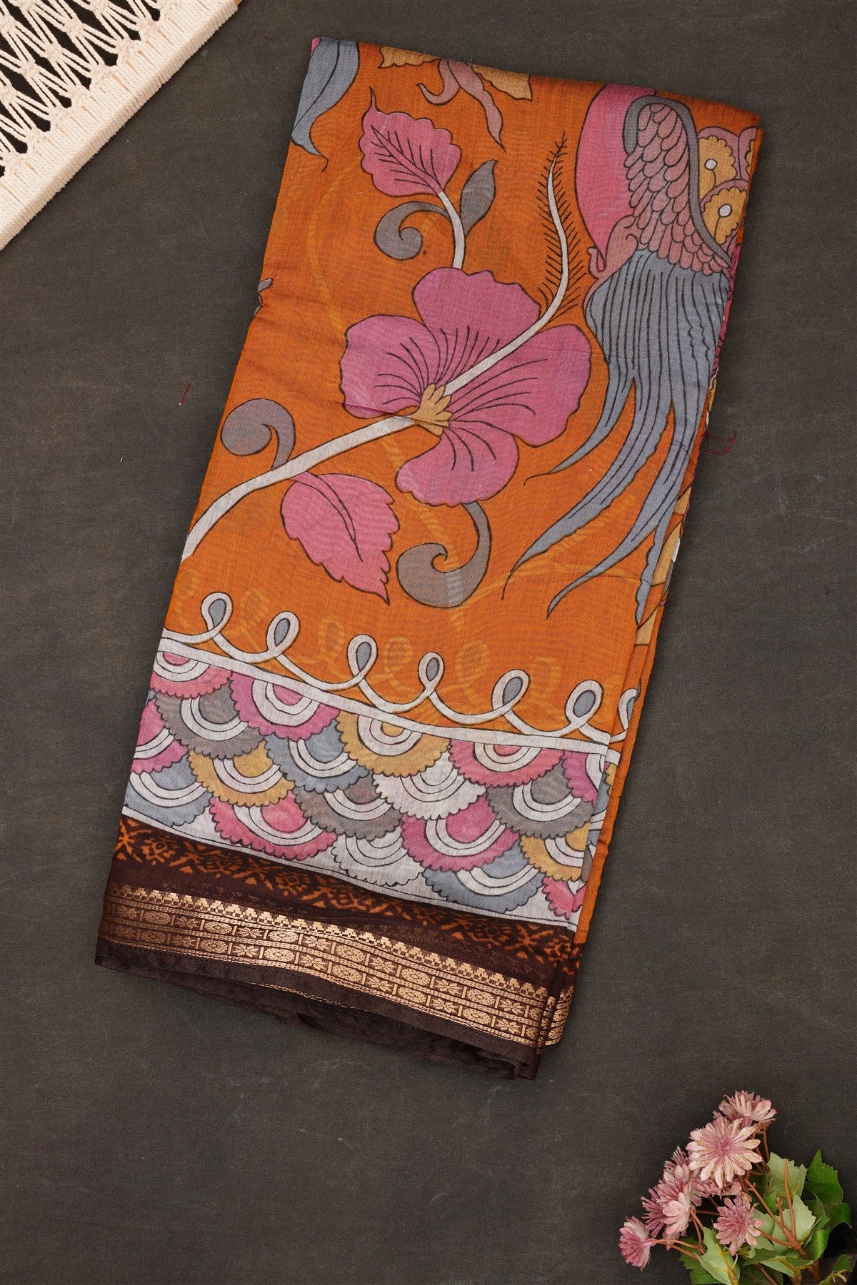 Fancy Maheshwari Silk Dark Mustard Saree