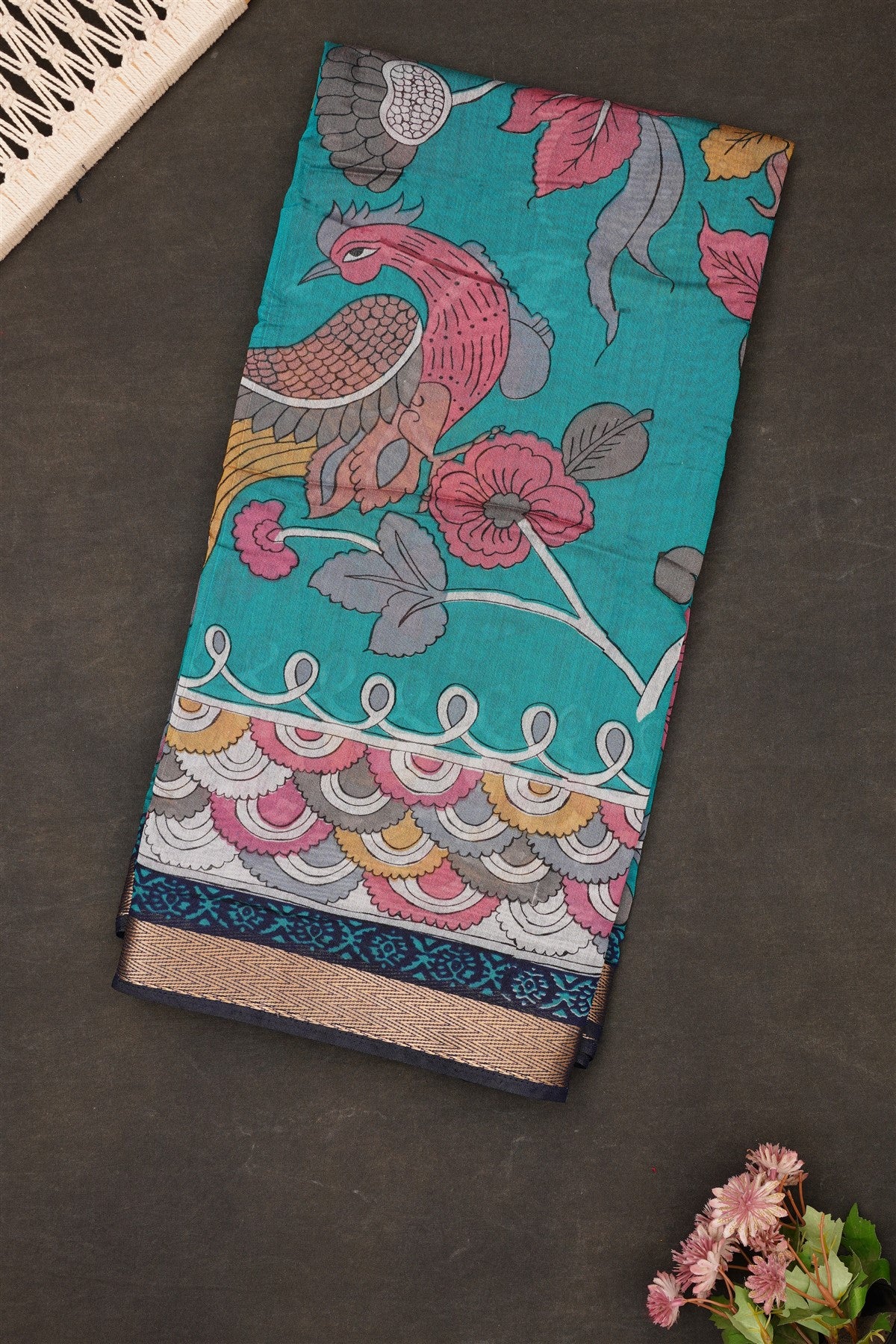 Fancy Maheshwari Silk Teal Saree