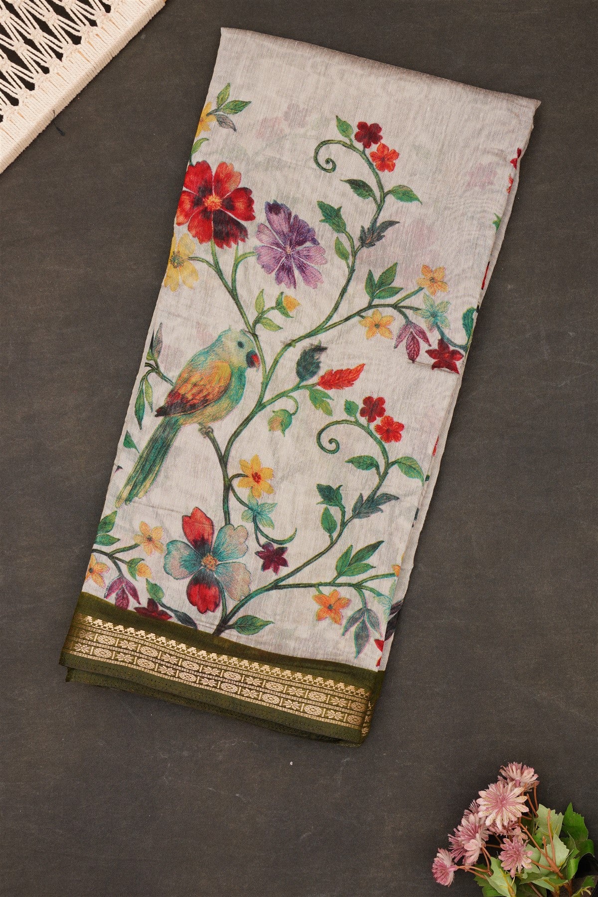 Fancy Maheshwari Silk Light Grey Saree