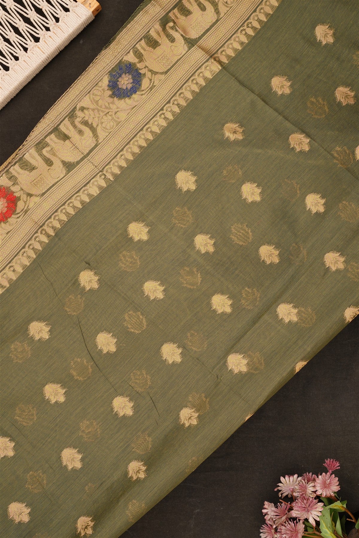 Fancy Chanderi Silk Olive Green Saree