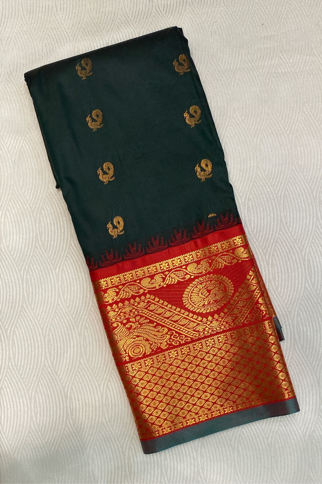 Semi Pattu Silk Blend Dark Green Saree