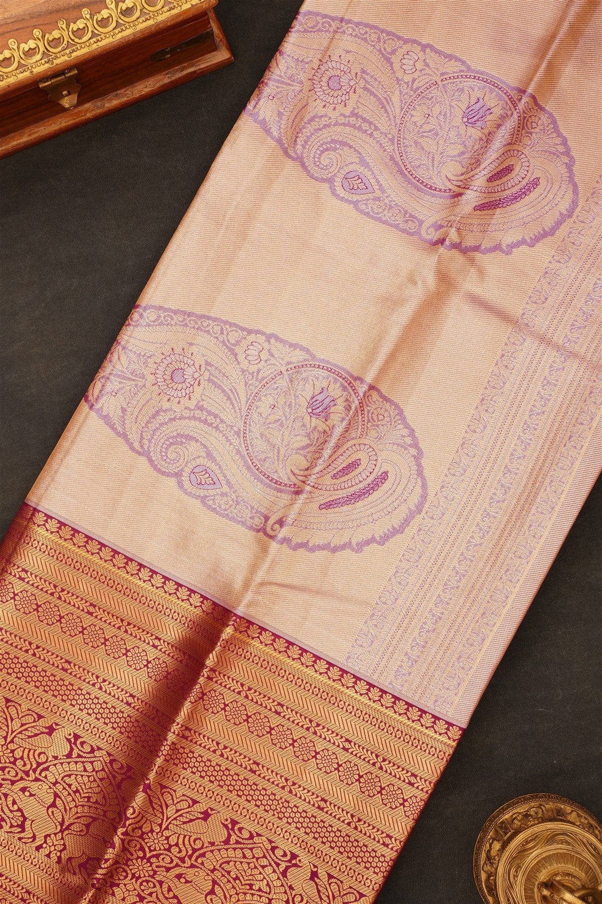 Semi Kanchipuram Silk Blend Dark Olive Green Saree