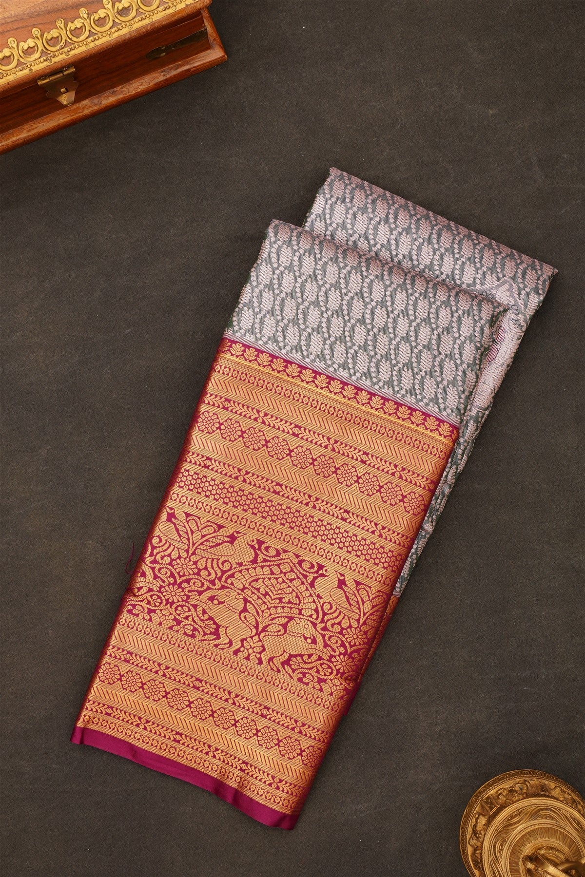 Semi Kanchipuram Silk Blend Dark Olive Green Saree