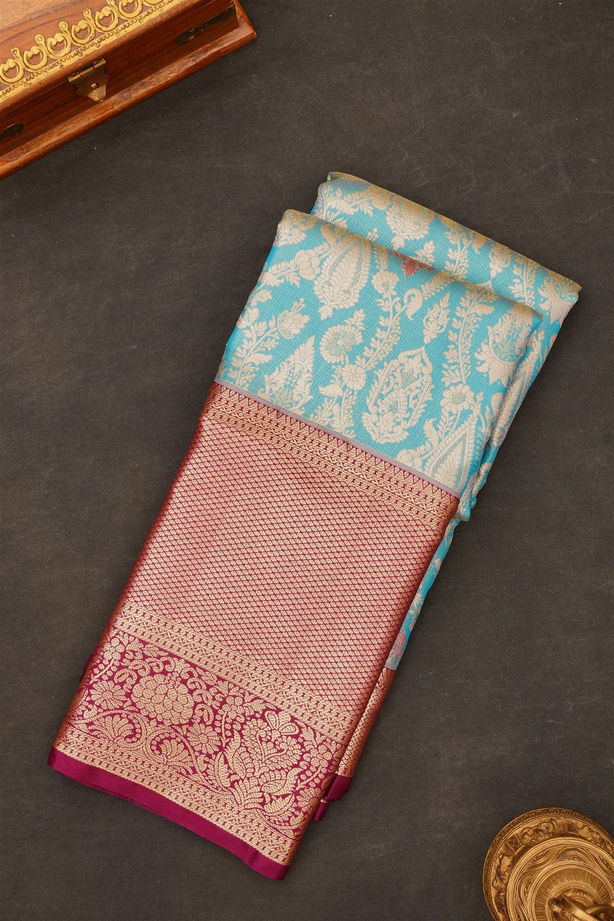 Semi Kanchipuram Silk Blend Sea Blue Saree