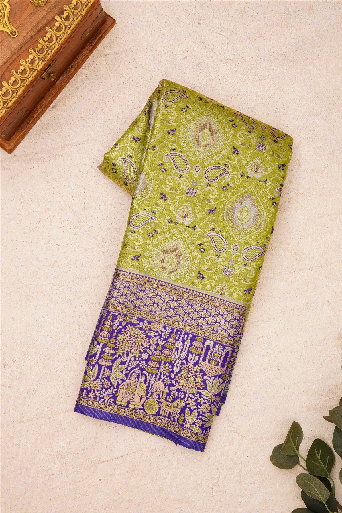 Semi Kanchipuram Silk Blend Parrot Green Saree