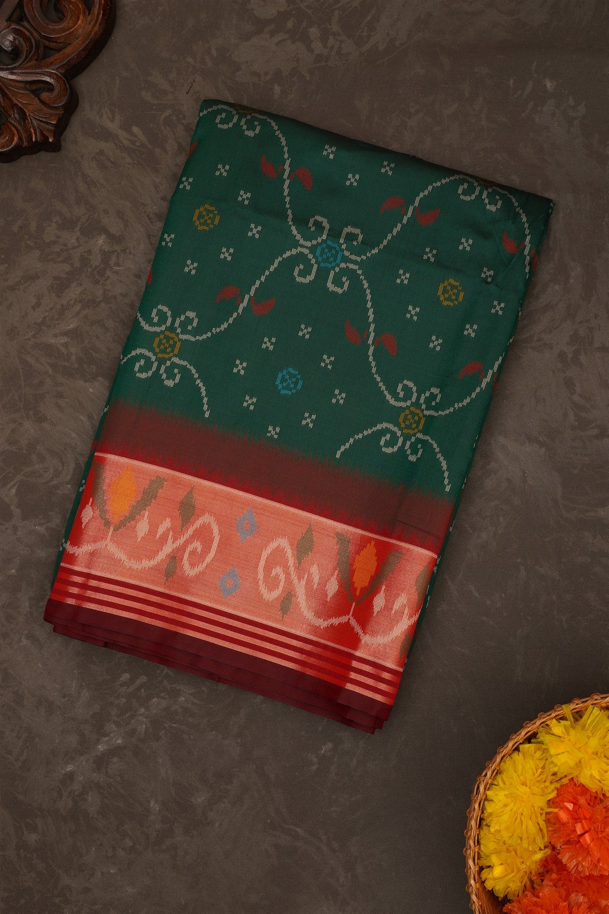 Ikat Silk Dark Green Saree