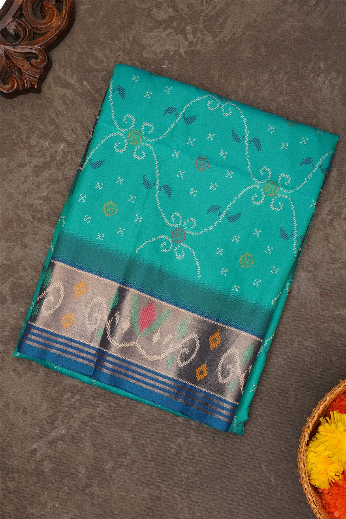Ikat Silk Teal Saree