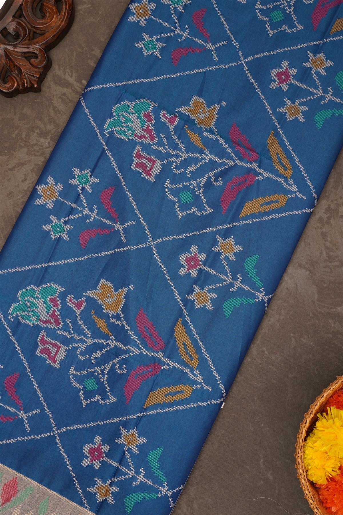 Ikat Silk Teal Saree