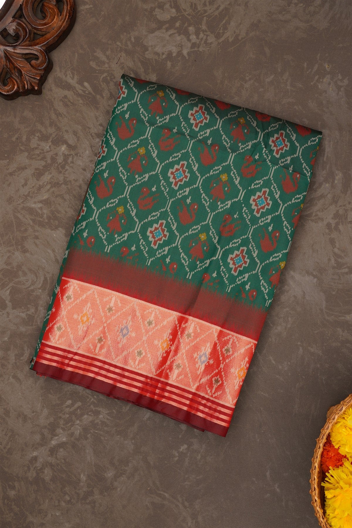 Ikat Silk Dark Green Saree