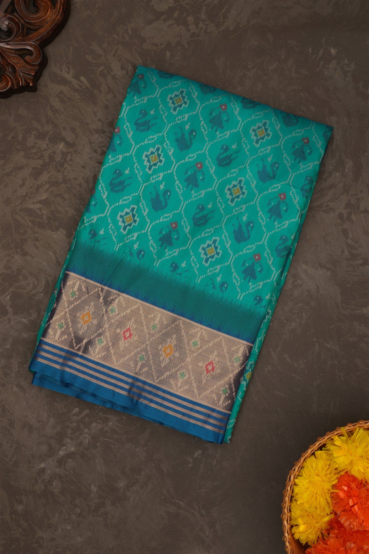 Ikat Silk Teal Saree