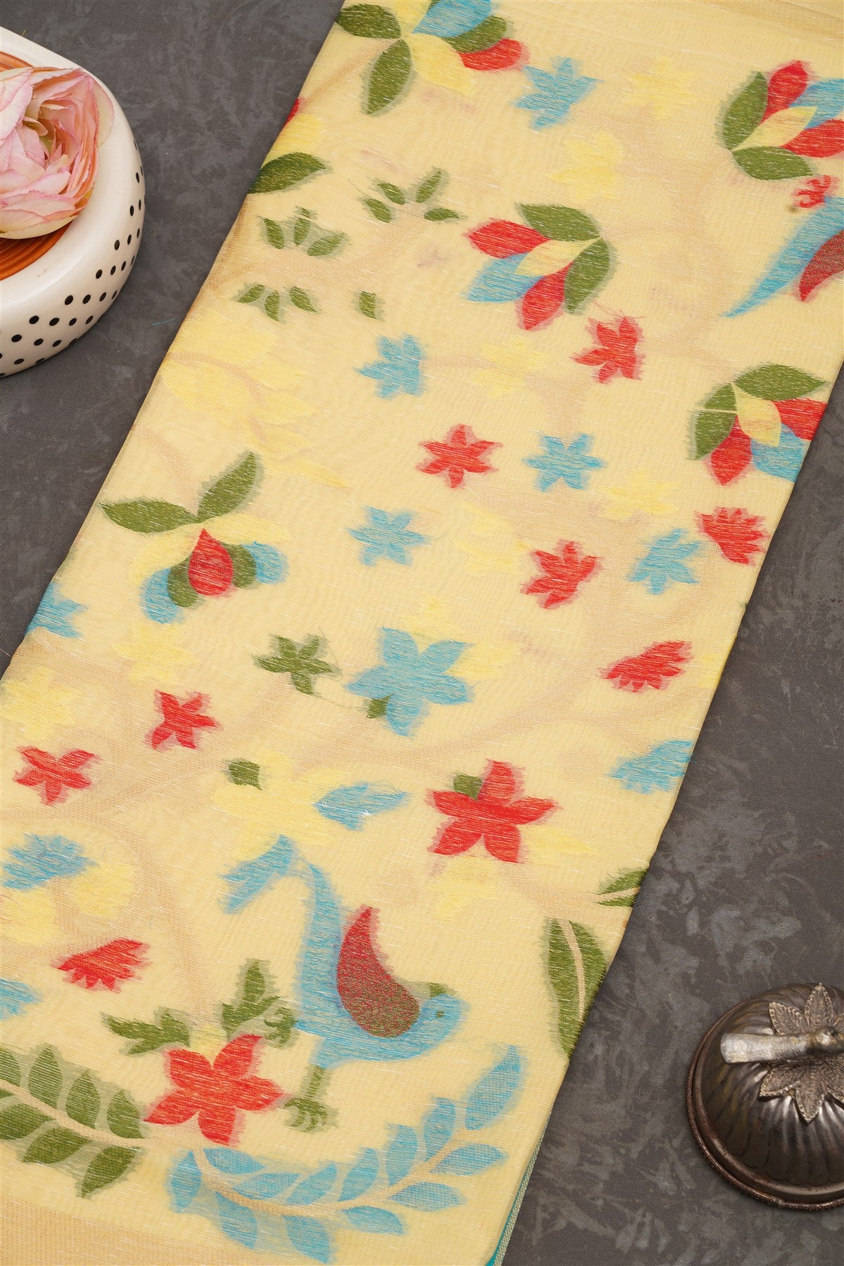 Fancy Jute Linen  Light Yellow Saree