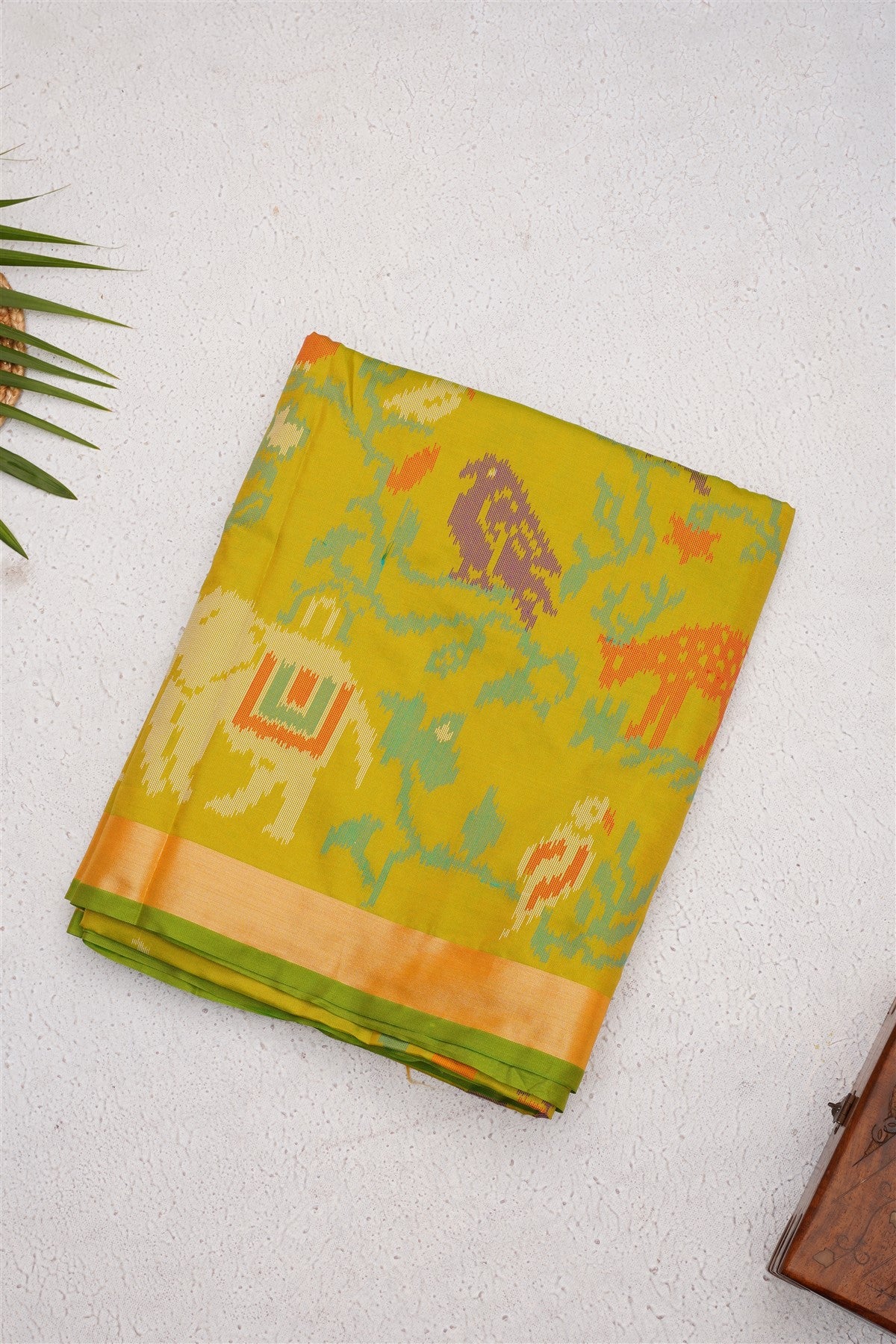 Ikat Soft Silk Olive Green Saree