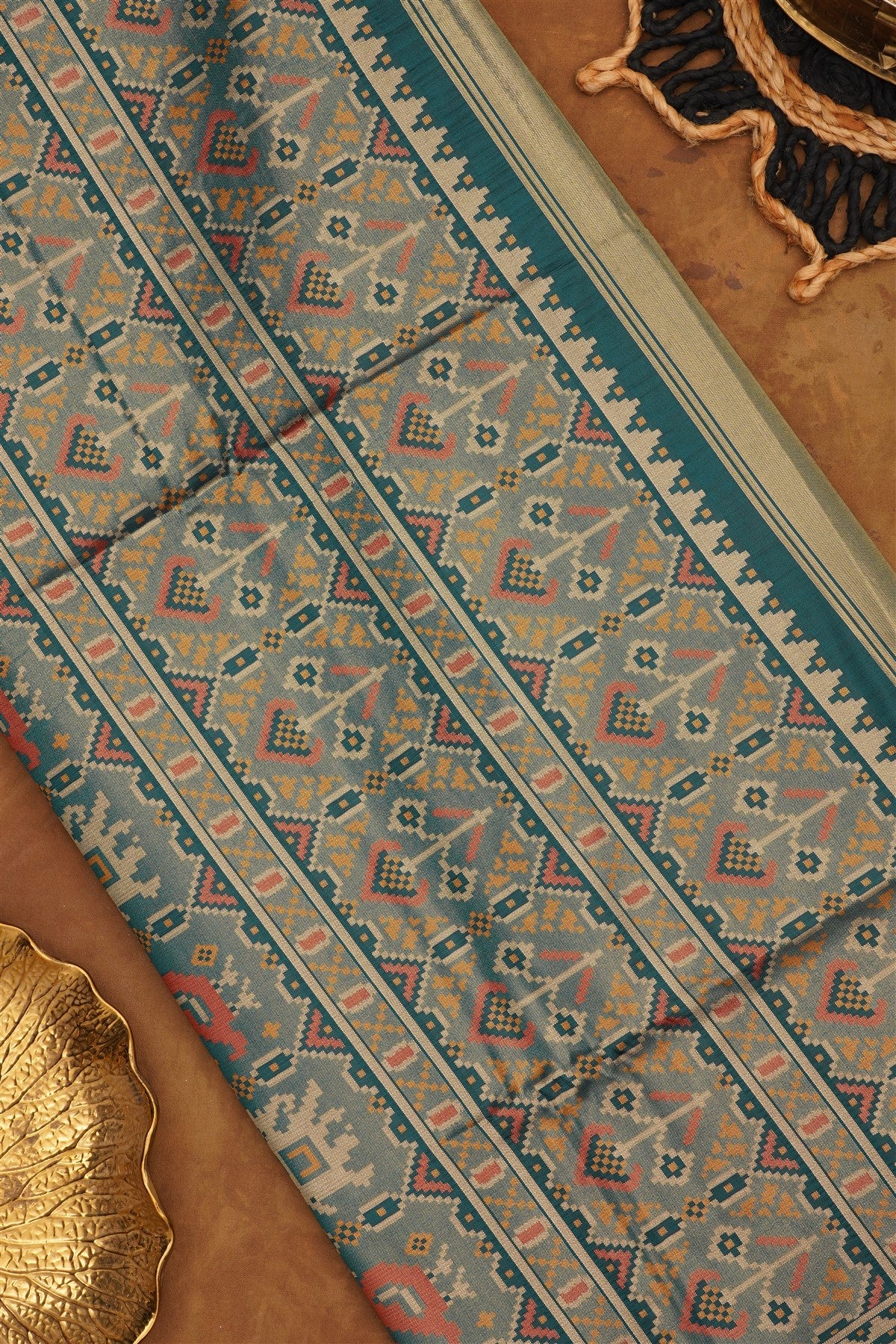 Ikat Silk Blend Rama Green Saree