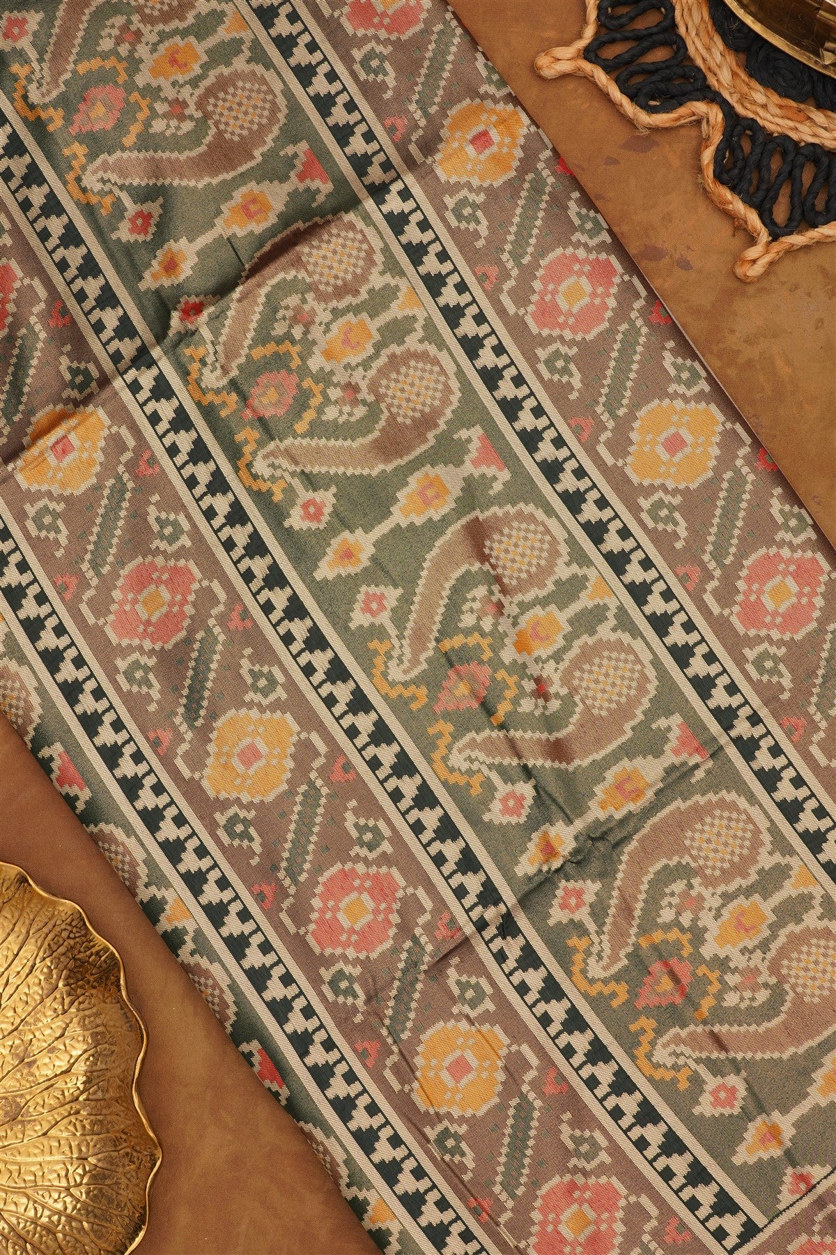 Ikat Silk Blend Green Saree