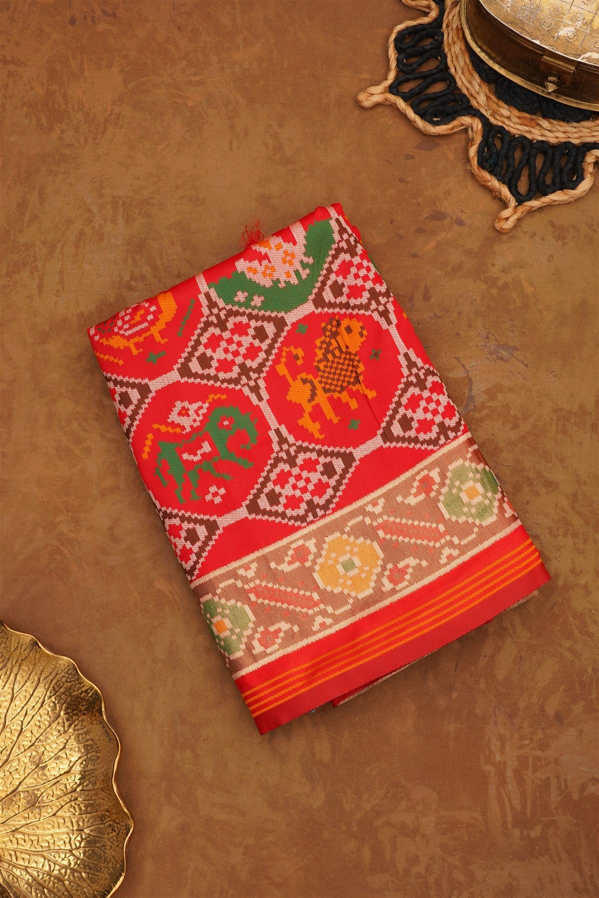 Ikat Silk Blend Red Saree