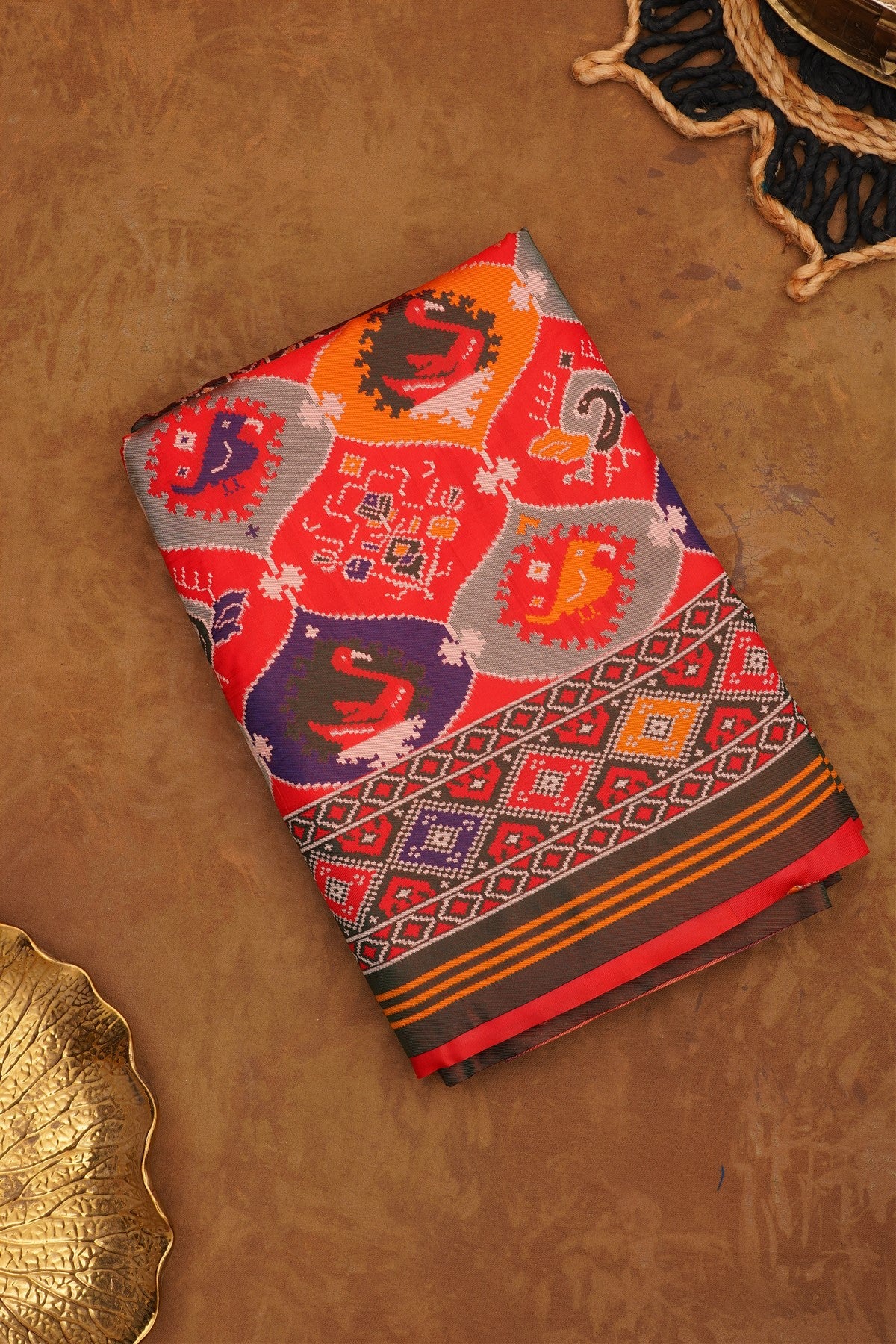 Ikat Silk Blend Red Saree